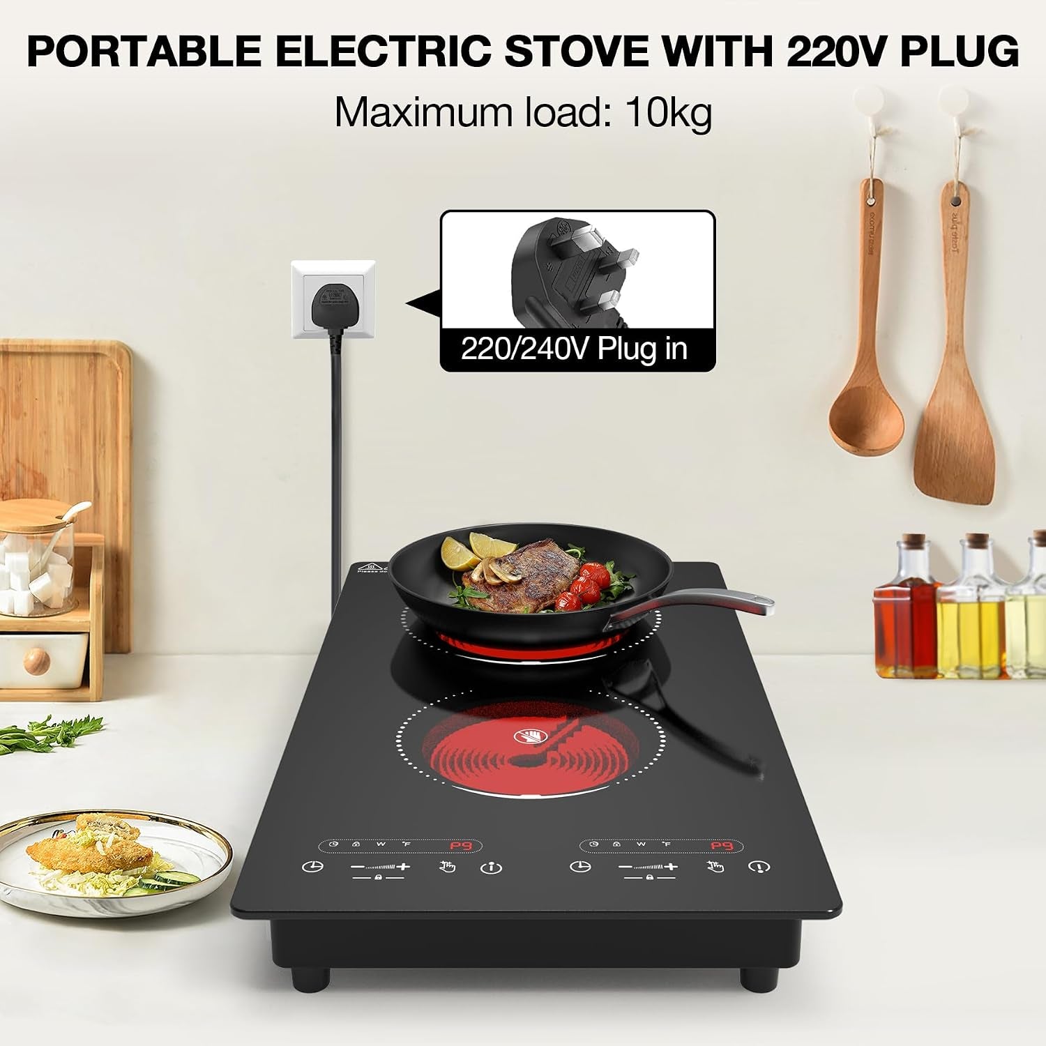 Double Ceramic Hob 3000W, Plug in 2 Ring Electric Hob with LCD Touch Control, Electric Cooktop with Safety Lock & Timer, 9 Power Levels, Built-In and Countertop 220V-240V