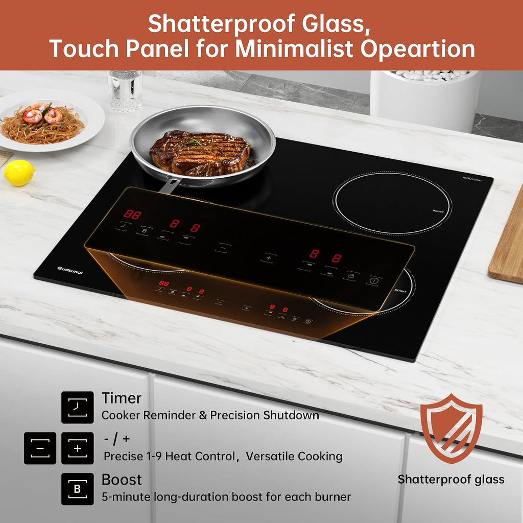 Induction Hob, 4 Cooking Zone, 60 Cm, 7200W, Continuous Low Power Heating, Booster, 9 Heat Levels, Timer, Auto Shut-Off, Child Safety Lock, Pan Sensor,Hard Wired, No Plug