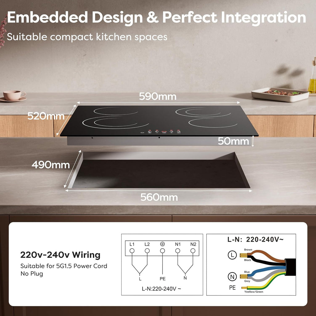 24 Inch Electric Cooktop 4 Burners 6600W Dual Heating Ring | Built-In Ceramic Radiant Stove Top, 220-240V Hard Wire (No Plug), Touch Control, Child Lock & Multiple Safety Protection