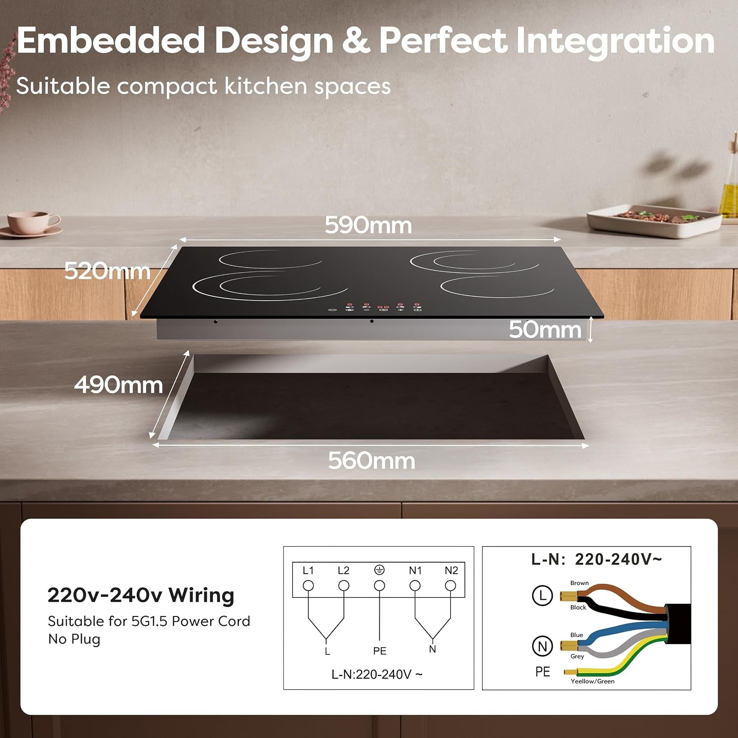 24 Inch Electric Cooktop 4 Burners 6600W Dual Heating Ring | Built-In Ceramic Radiant Stove Top, 220-240V Hard Wire (No Plug), Touch Control, Child Lock & Multiple Safety Protection