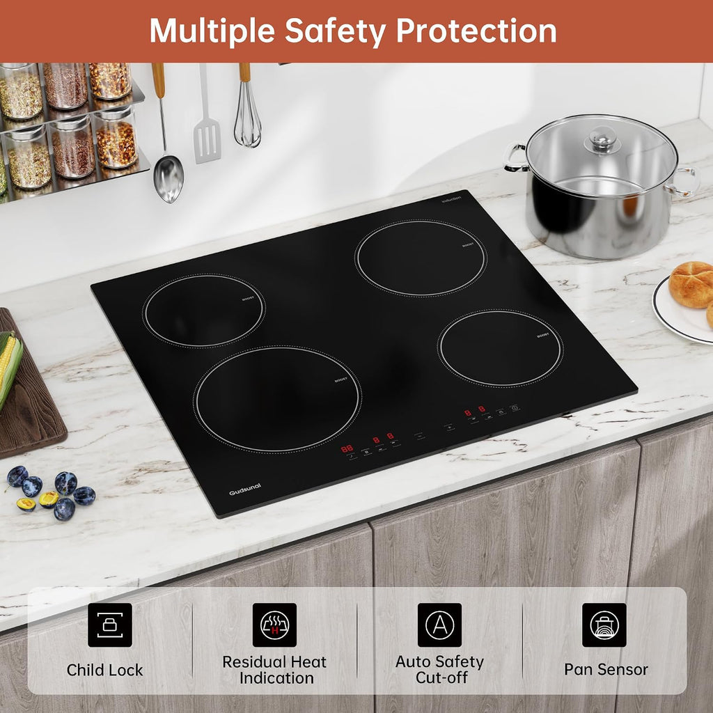 Induction Hob, 4 Cooking Zone, 60 Cm, 7200W, Continuous Low Power Heating, Booster, 9 Heat Levels, Timer, Auto Shut-Off, Child Safety Lock, Pan Sensor,Hard Wired, No Plug