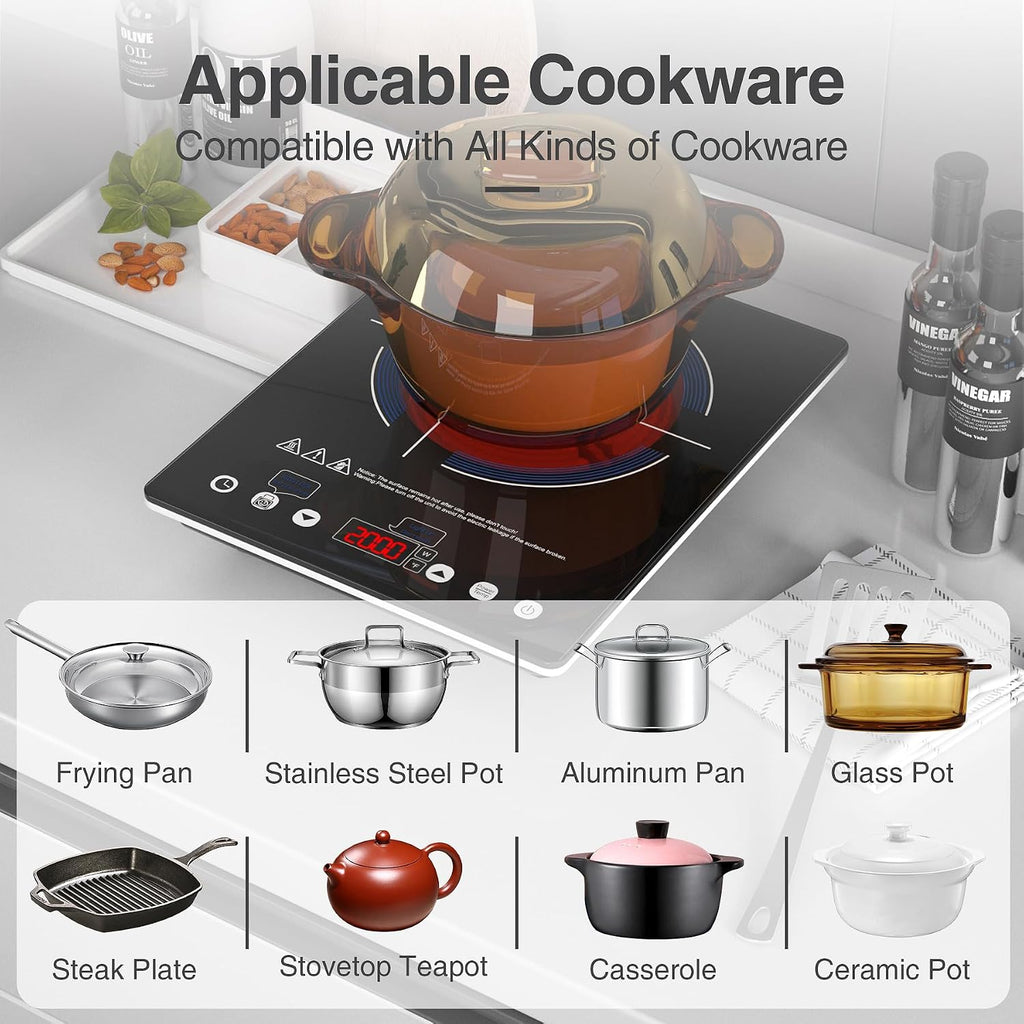 Portable Ceramic Hob 2000W, Pulg in Electric Ceramic Hob, Single Electric Hob with 4-Hour Timer, 10 Power Levels, Safety Lock & Sensor Touch, Residual Heat Remind, 220V-240V