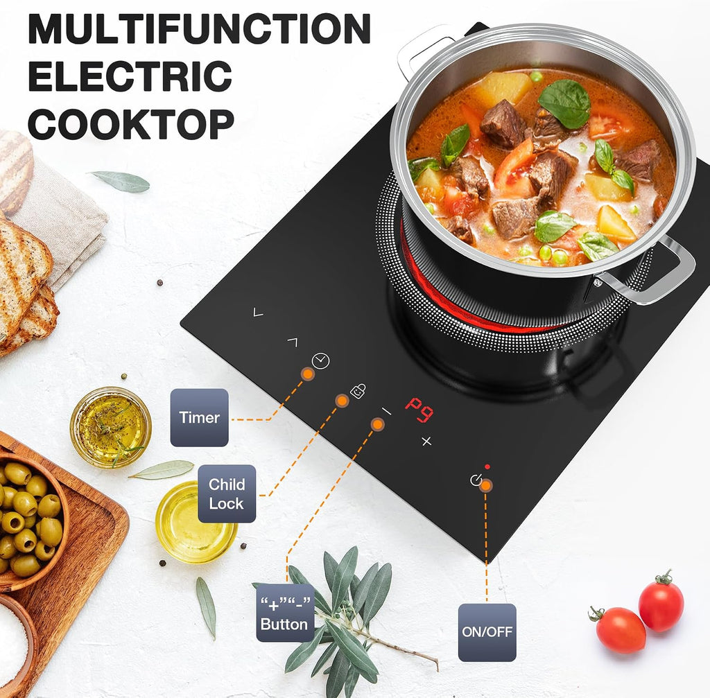 Single Burner Electric Cooktop,110V 1800W Electric Stove Top with LED Touch Control,Portable Cooktop 9 Power Levels, 4Htimer, Safety Lock,Overheat Protection
