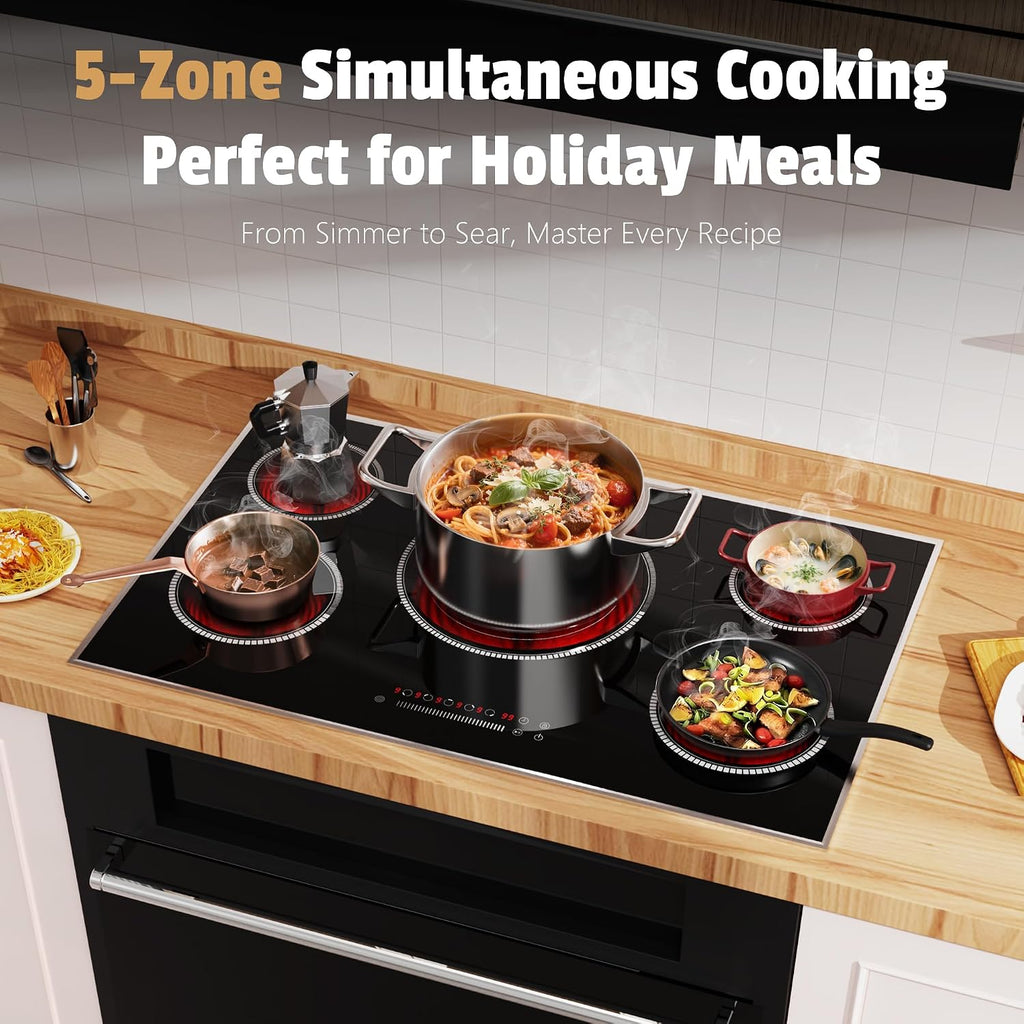 36 Inch Electric Cooktop, 5 Burner Stove Top with Slide Control | 9200W Electric Stove with Child Lock, Timer, Pause Function 36" Glass Cooktop, Sensor Touch, 220-240V Hard Wire, No Plug