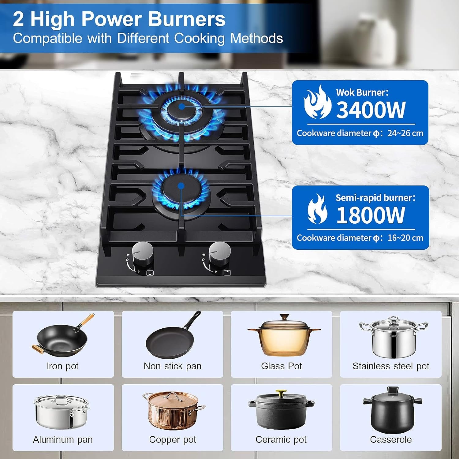 Gas Hob 2 Burners, 30Cm Built in 2 Burners Gas on Glass Hob, NG/LPG Convertible, Flame Out Protection, Cast Iron Supports, 5200W