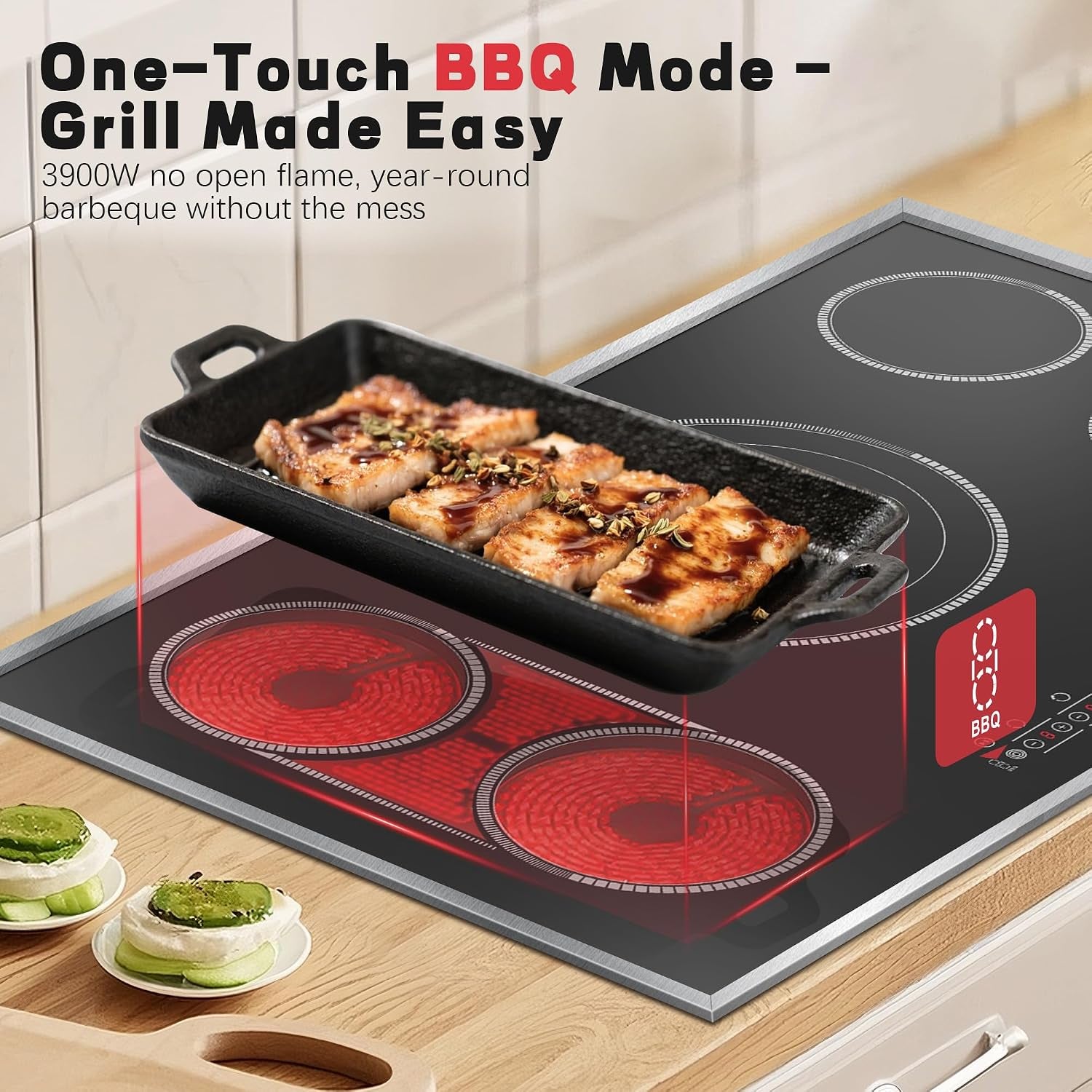 36 Inch Electric Cooktop, 5 Burner Stove Top Touch Control,220-240V | 36" Glass Ceramic Stove Top, 9600W, BBQ & Flexible Zone, Child Lock, Timer, Overheat Protection,220-240V Hard Wired (No Plug)
