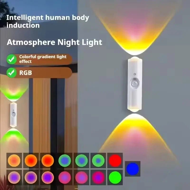 LED Night Lights Double-Head Sunset Wall Lamp Motion Sensor RGB Ambient Light Magnetic USB Rechargeable Party Corridor Closets