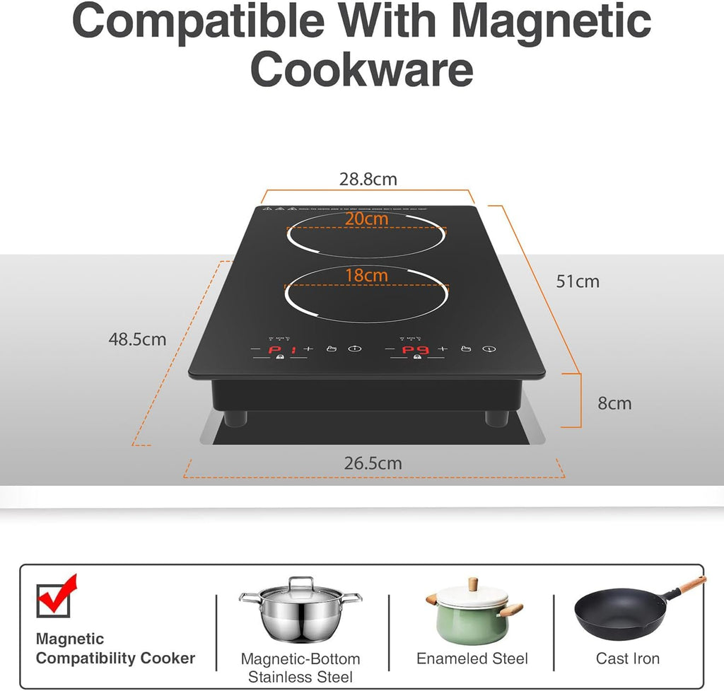 Double Induction Hob, 3000W Portable Induction Hob, Built-In Induction Cooker with LED Touch Display, 9 Power Level, 120 Mins Timer & Safety Lock, 220~240V, Black