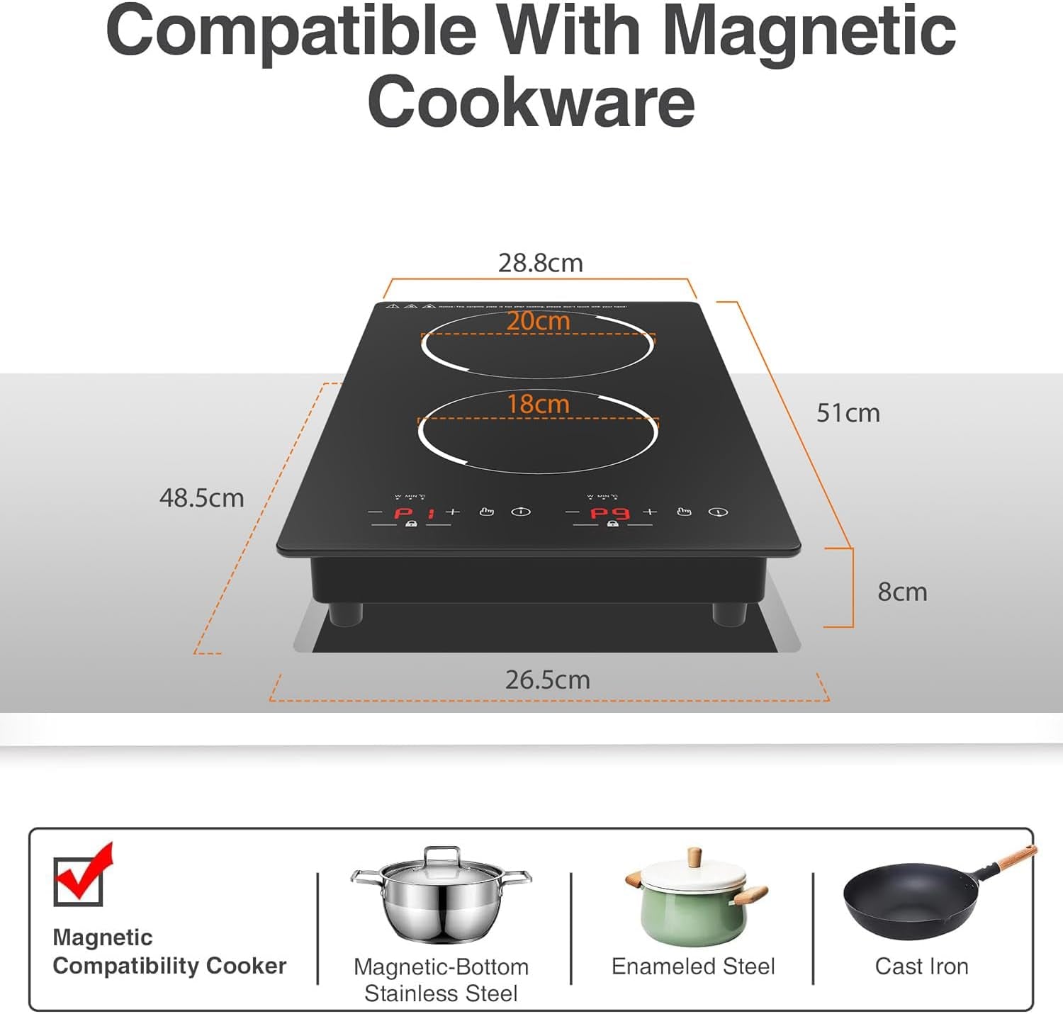 Double Induction Hob, 3000W Portable Induction Hob, Built-In Induction Cooker with LED Touch Display, 9 Power Level, 120 Mins Timer & Safety Lock, 220~240V, Black