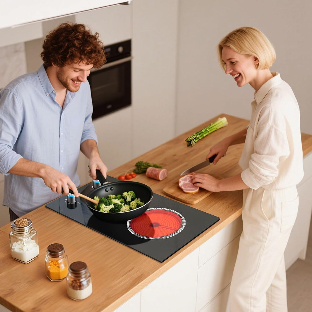 2 Burner Electric Cooktop 110V, Knob 12 Inch Electric Stove Top | 120V Stove Top Burner Knob Control, 2000W Countertop Stove, Timer, 9 Heating Levels, Overheat Protection, High-Temp Alarm