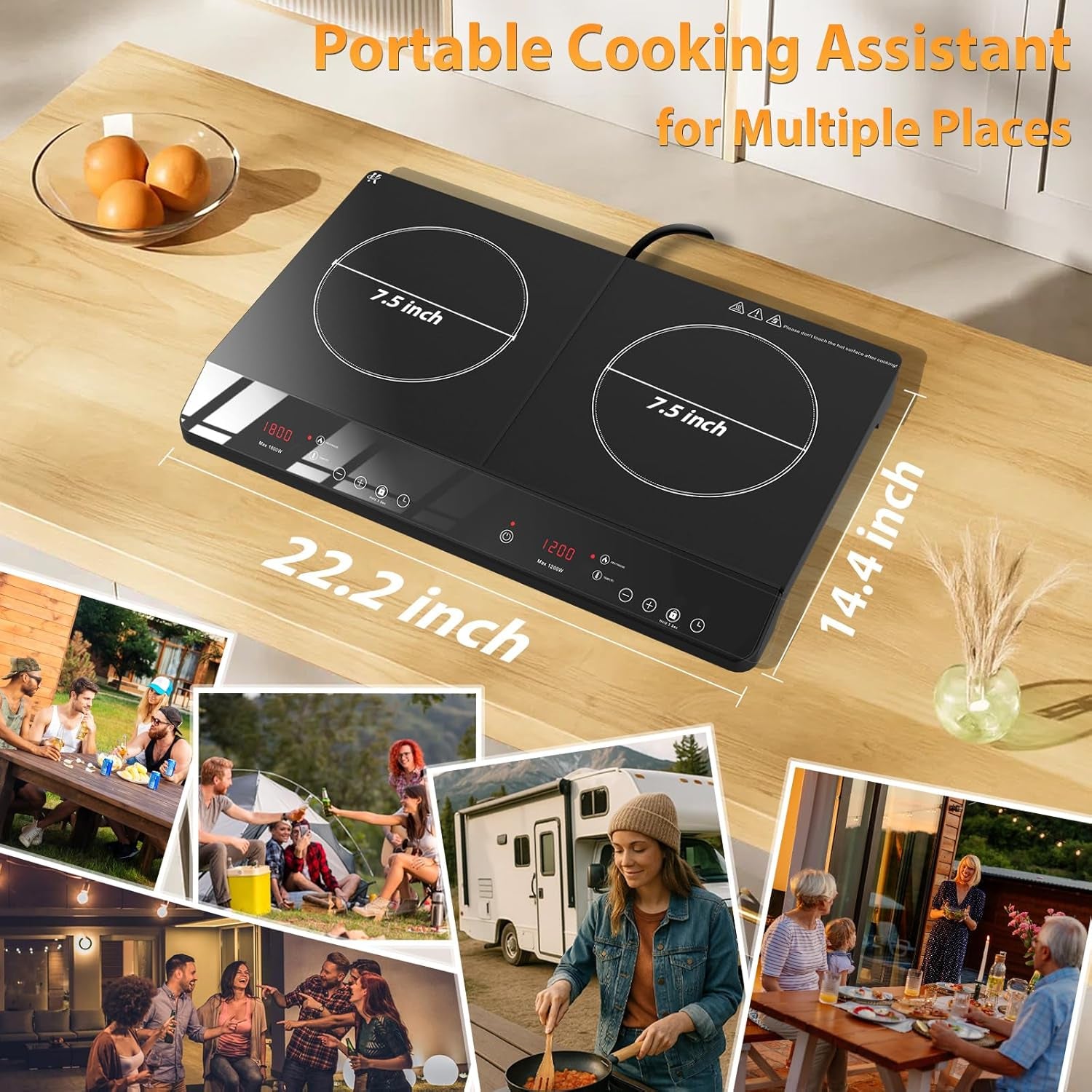Countertop Induction Cooktop 2 Burners Stove 1800W, 110V Plug in | Double Burner Independent Touch Control, 180 Mins Timer, Child Lock, 9 Temp & Power Level Adjustable, Portable for Kitchen RV