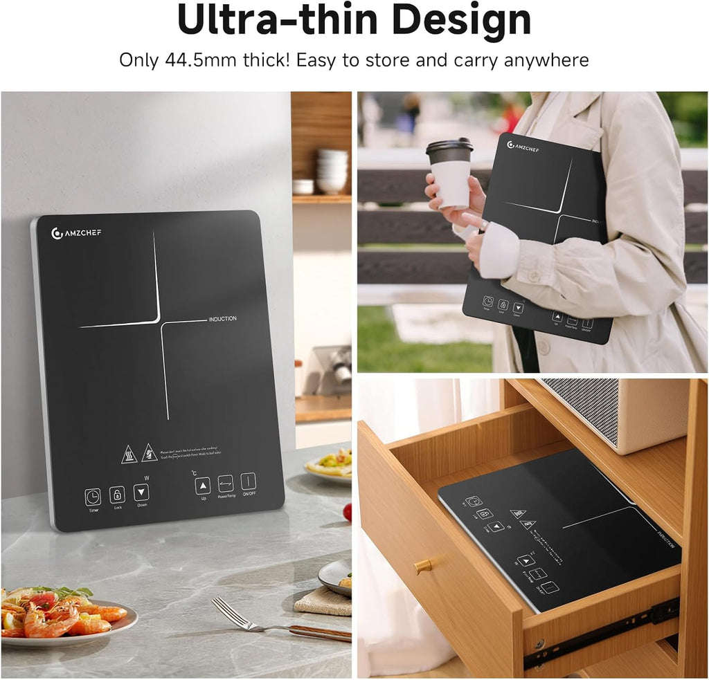 Single Induction Cooker, Ultra-Thin Induction Hob with Fashion Look, 20-Level Power and Temperature Control, Black Frosted Glass Panel, Touch Sensor, 3-Hour Timer, Safety Lock