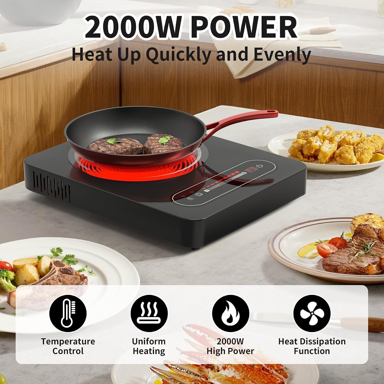Portable Ceramic Hob, Single Electric Hob, Electric Cooker with Built-In 99 Mins Timer & 9 Adjustable Temperature Settings, Child Safety Lock, Overheat Protection, 220-240V Cooktops with Plug