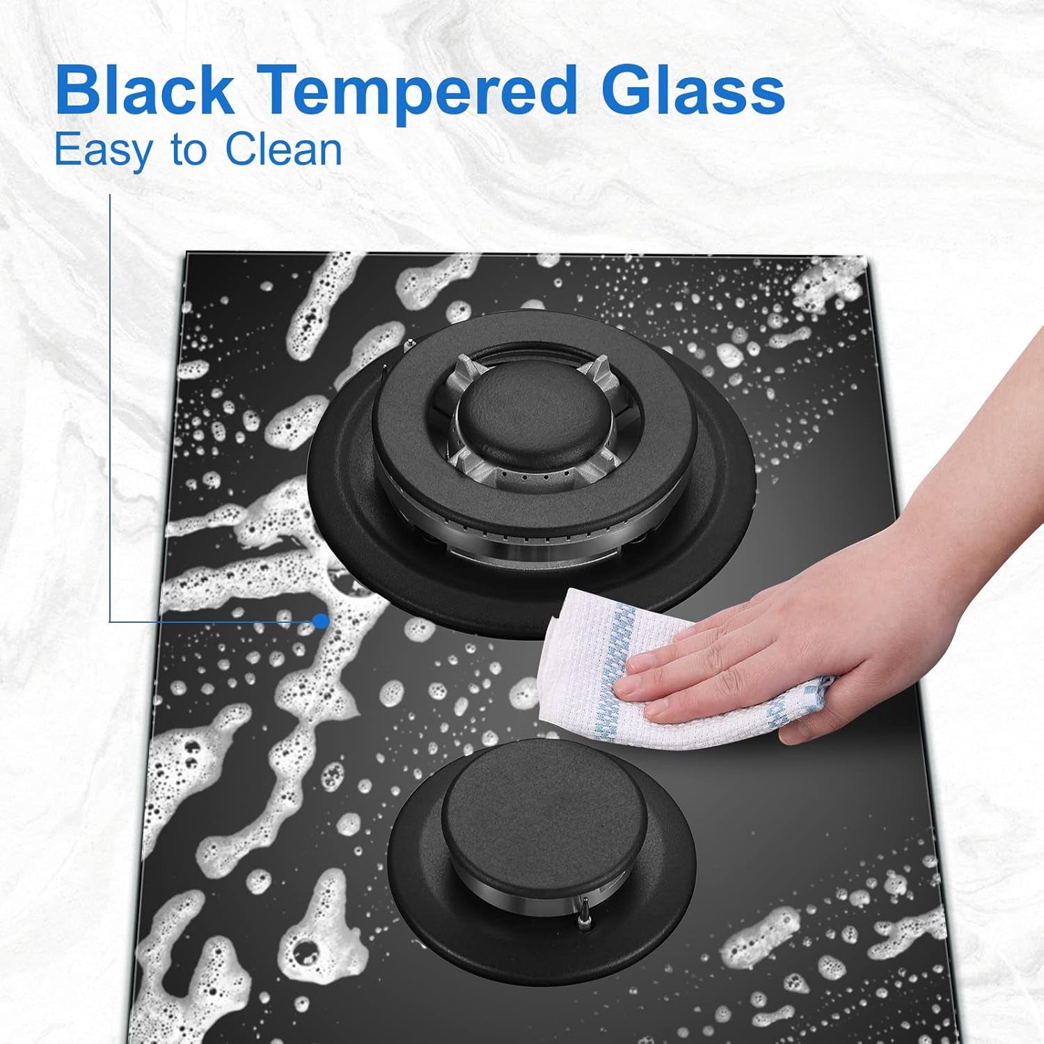 Gas Hob 2 Burners, 30Cm Built in 2 Burners Gas on Glass Hob, NG/LPG Convertible, Flame Out Protection, Cast Iron Supports, 5200W