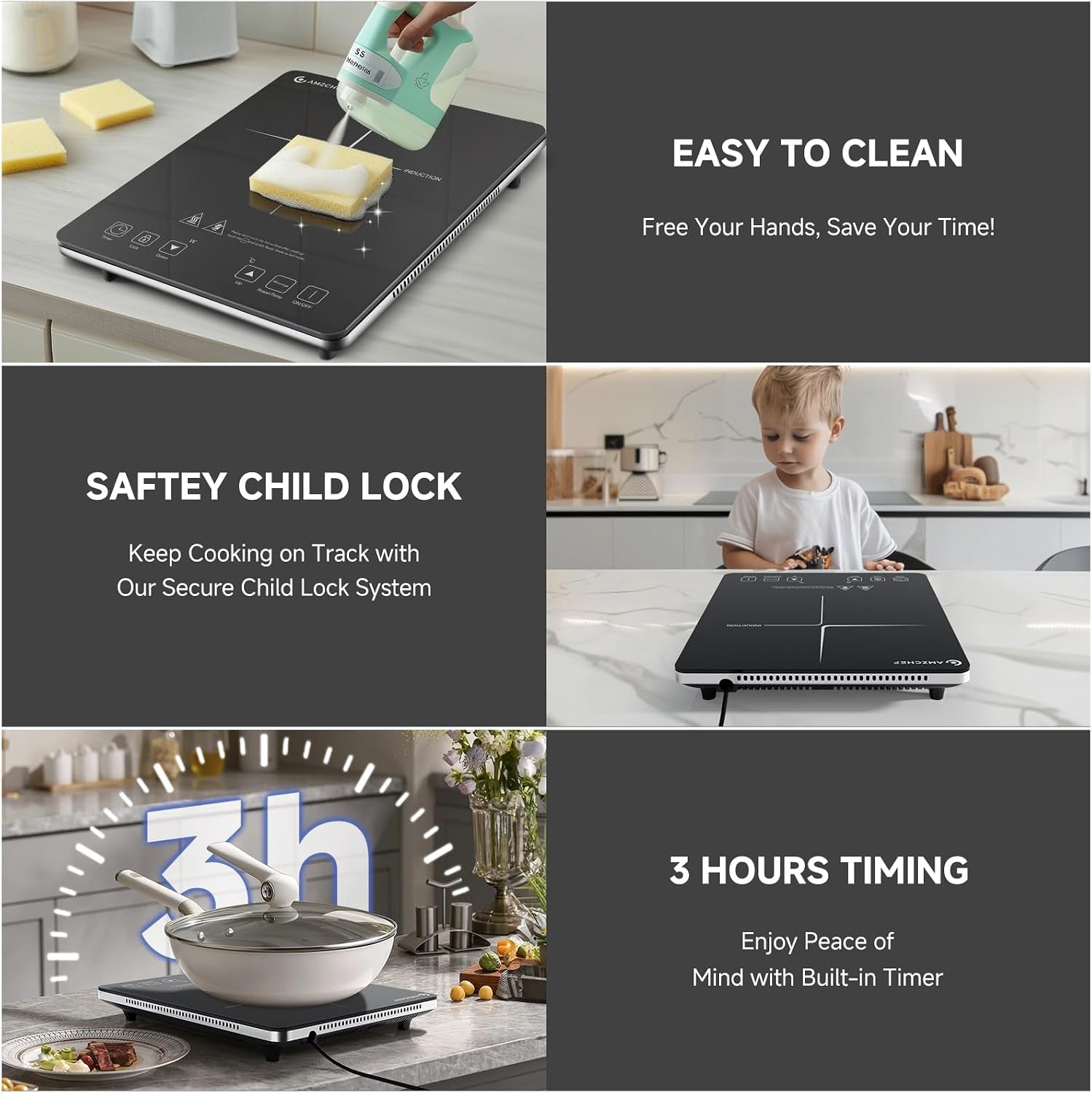 Single Induction Cooker, Ultra-Thin Induction Hob with Fashion Look, 20-Level Power and Temperature Control, Black Frosted Glass Panel, Touch Sensor, 3-Hour Timer, Safety Lock