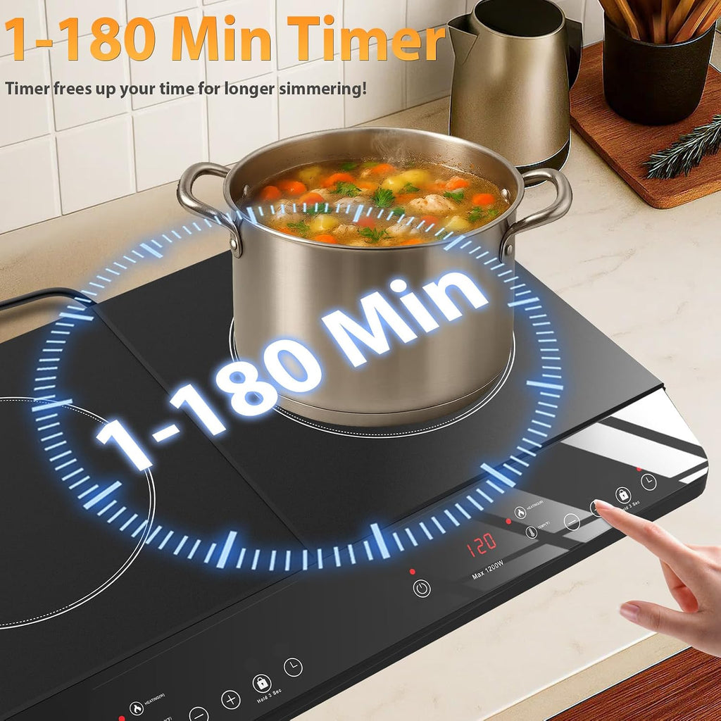 Countertop Induction Cooktop 2 Burners Stove 1800W, 110V Plug in | Double Burner Independent Touch Control, 180 Mins Timer, Child Lock, 9 Temp & Power Level Adjustable, Portable for Kitchen RV