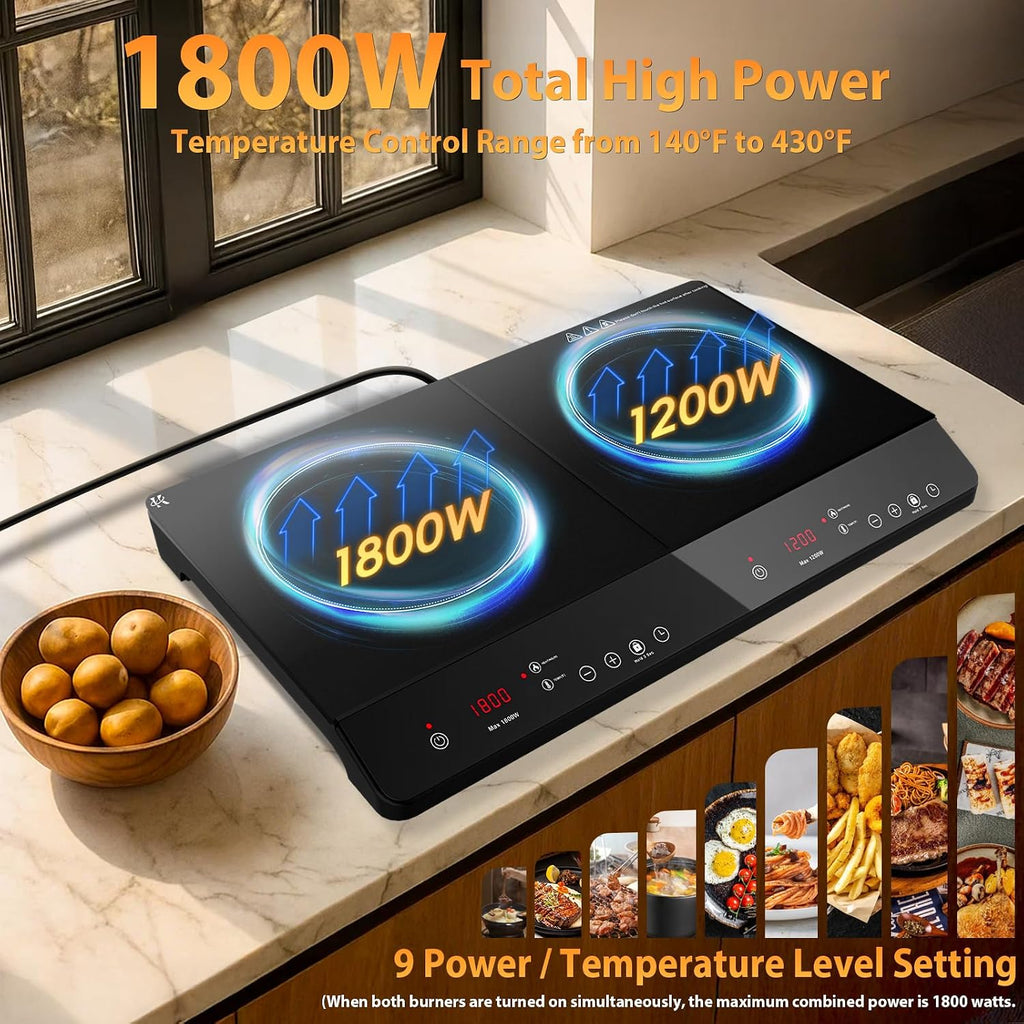 Countertop Induction Cooktop 2 Burners Stove 1800W, 110V Plug in | Double Burner Independent Touch Control, 180 Mins Timer, Child Lock, 9 Temp & Power Level Adjustable, Portable for Kitchen RV
