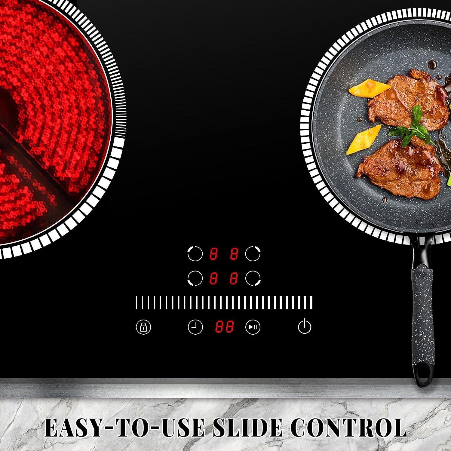 24 Inch Electric Cooktop 4 Burner Electric Stove, Slide Control | 24" Built-In Ceramic Stovetop, Timer, Child Lock, 9 Heating Level, 6000W, No Plug, 220-240V Hardwire