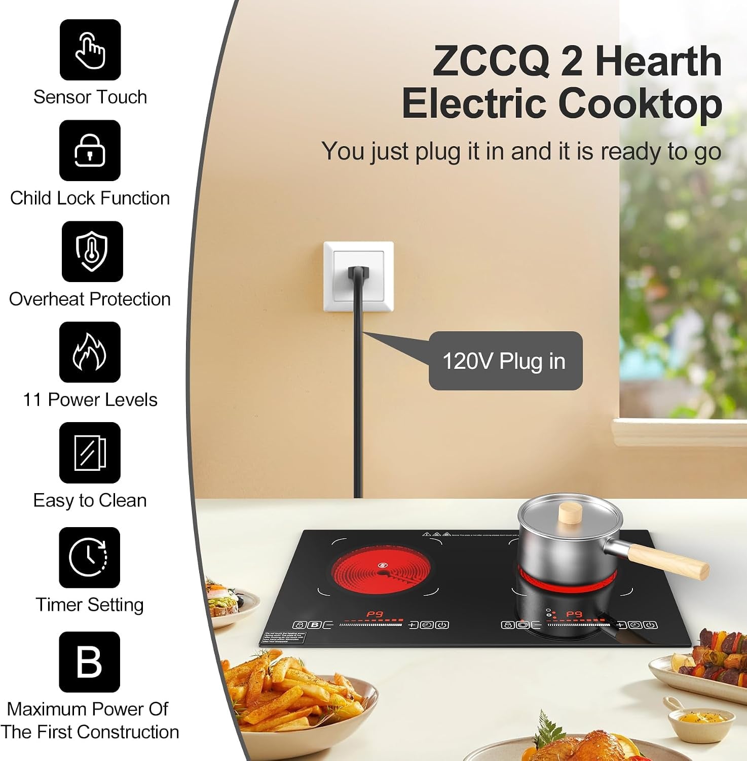 Electric Cooktop,110V 2400W,Countertop and Built-In Electric Stove Top,2 Burner Induction Cooktop With11 Power Levels,Child Safety Lock, Timer, LED Touch Control,Overheat Protection