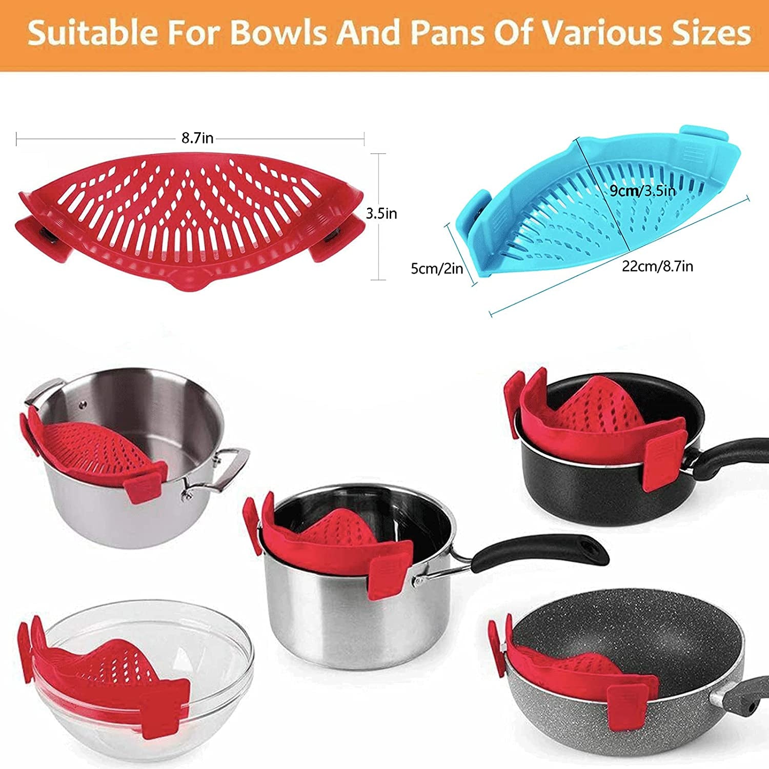 Set of 2 Silicone Clip-On Strainers for Pasta, Meat, Vegetables, and Fruit - Compatible with All Pots and Bowls
