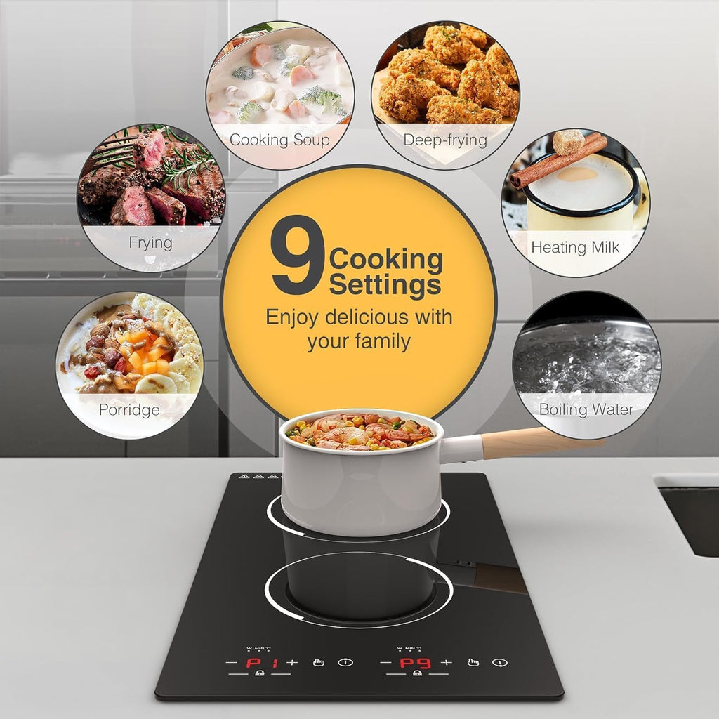 Double Induction Hob, 3000W Portable Induction Hob, Built-In Induction Cooker with LED Touch Display, 9 Power Level, 120 Mins Timer & Safety Lock, 220~240V, Black