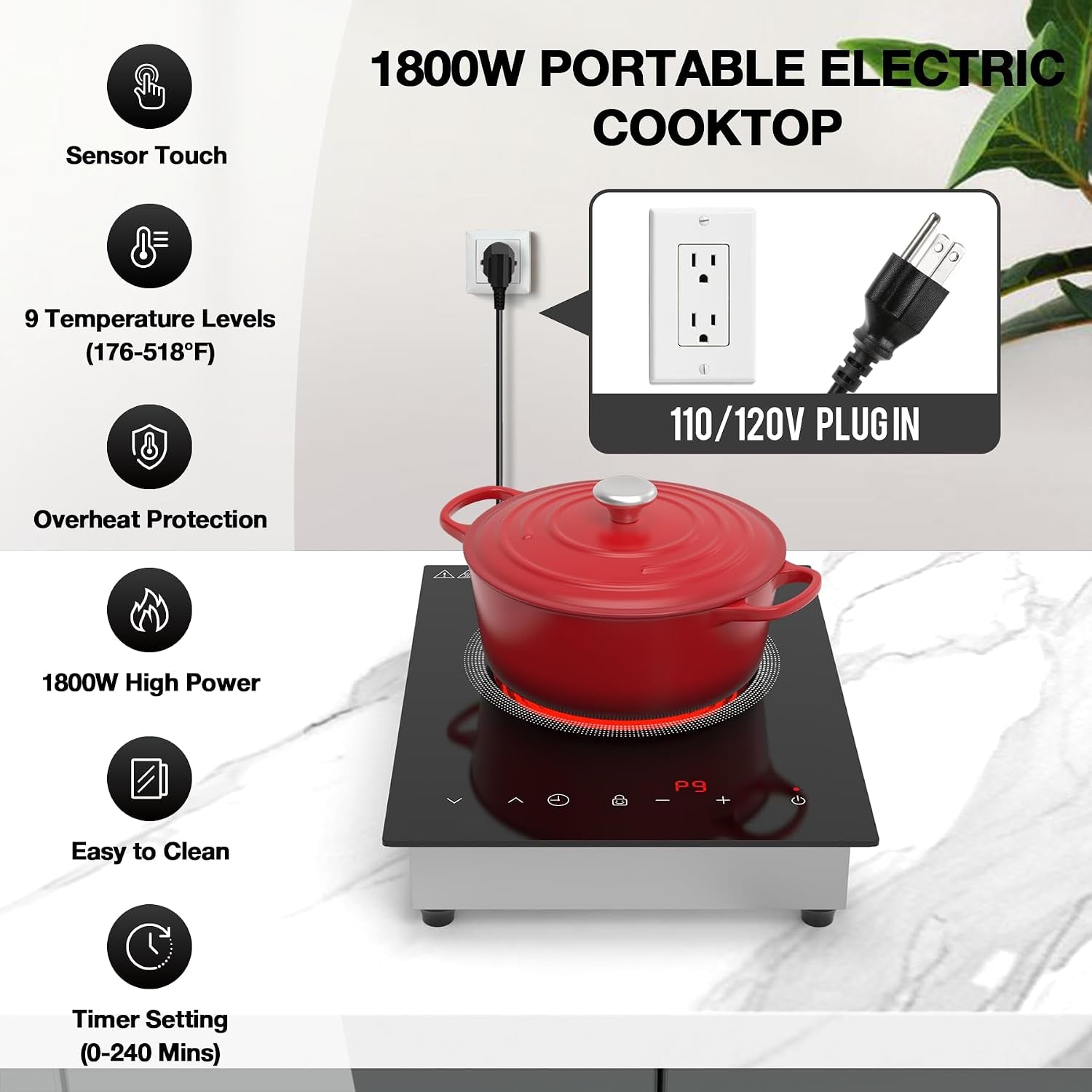 Single Burner Electric Cooktop,110V 1800W Electric Stove Top with LED Touch Control,Portable Cooktop 9 Power Levels, 4Htimer, Safety Lock,Overheat Protection