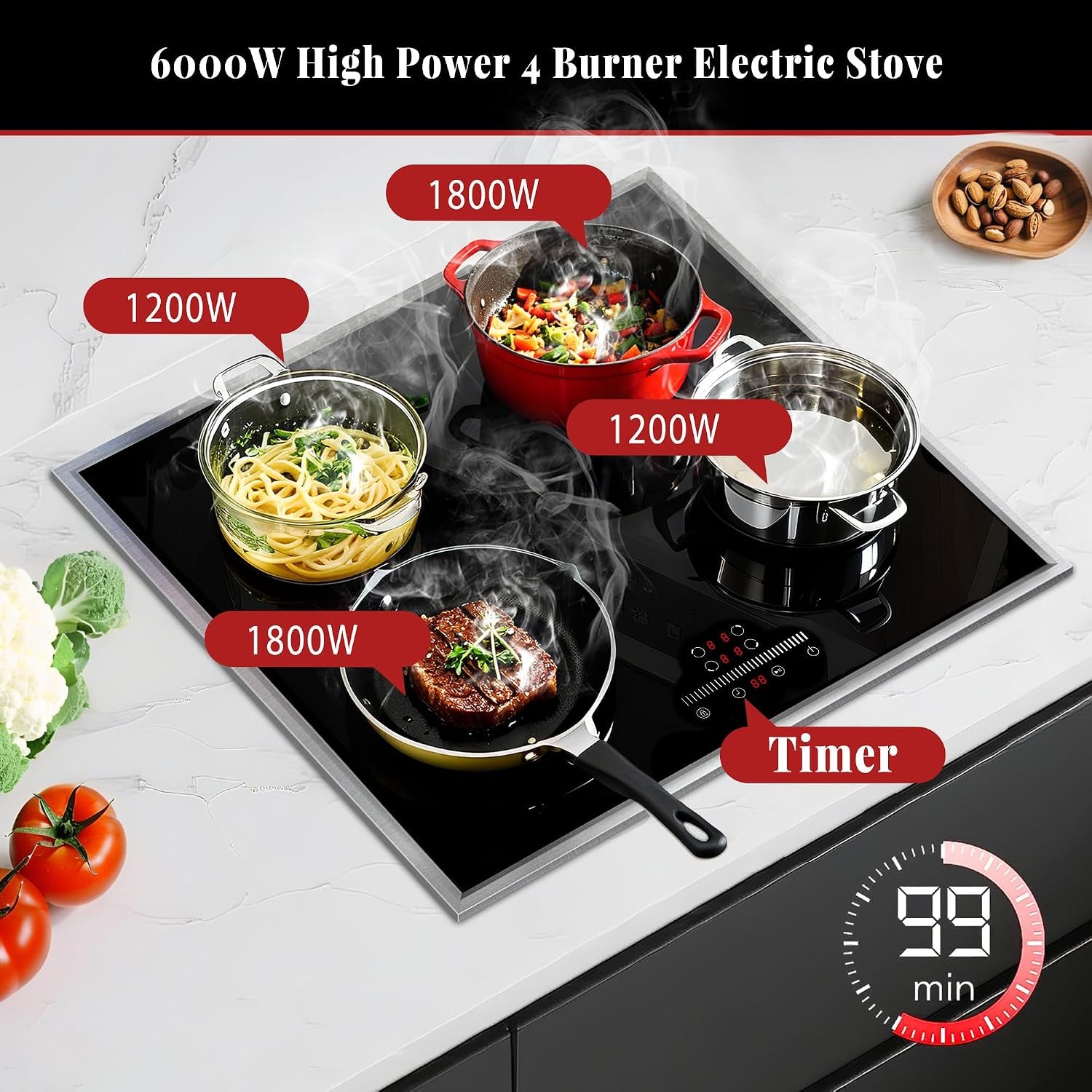 24 Inch Electric Cooktop 4 Burner Electric Stove, Slide Control | 24" Built-In Ceramic Stovetop, Timer, Child Lock, 9 Heating Level, 6000W, No Plug, 220-240V Hardwire