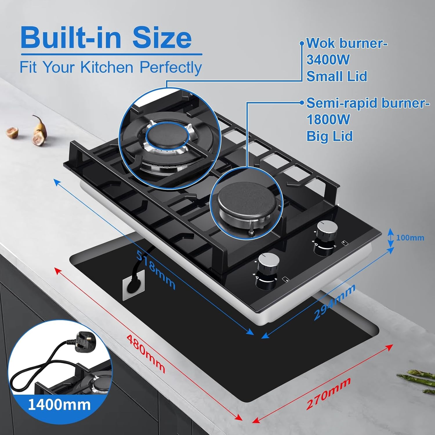 Gas Hob 2 Burners, 30Cm Built in 2 Burners Gas on Glass Hob, NG/LPG Convertible, Flame Out Protection, Cast Iron Supports, 5200W