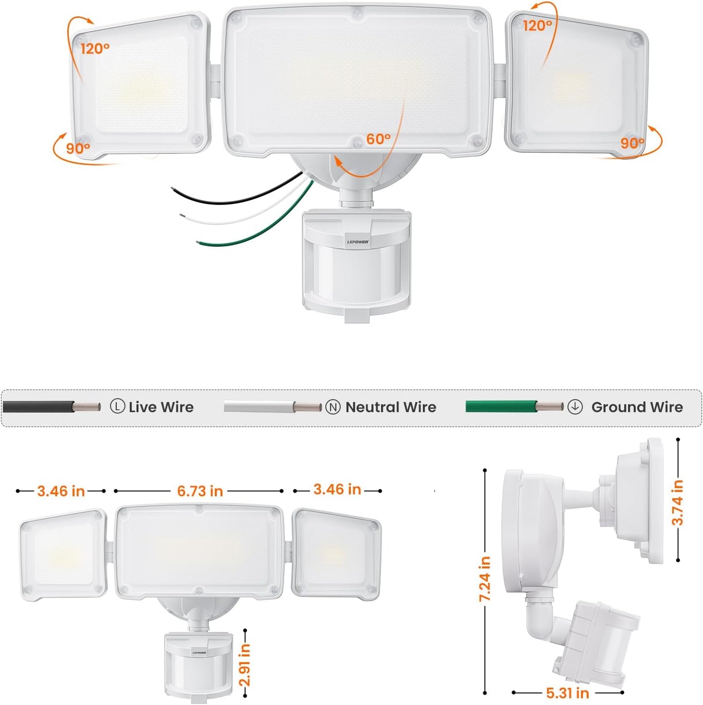 3-Head LED Motion Sensor Security Light – 4200LM Outdoor Waterproof Floodlight