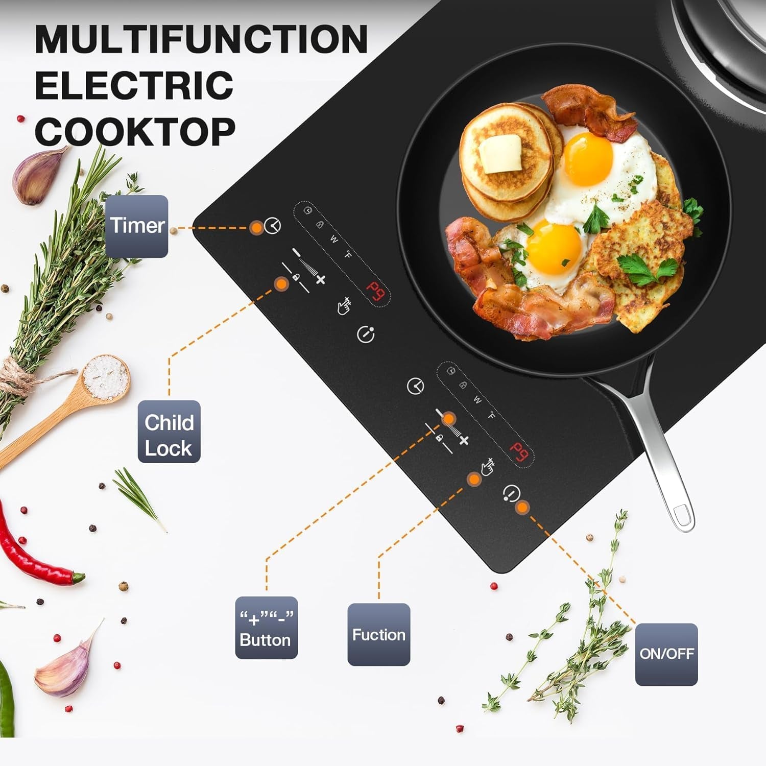 Double Ceramic Hob 3000W, Plug in 2 Ring Electric Hob with LCD Touch Control, Electric Cooktop with Safety Lock & Timer, 9 Power Levels, Built-In and Countertop 220V-240V