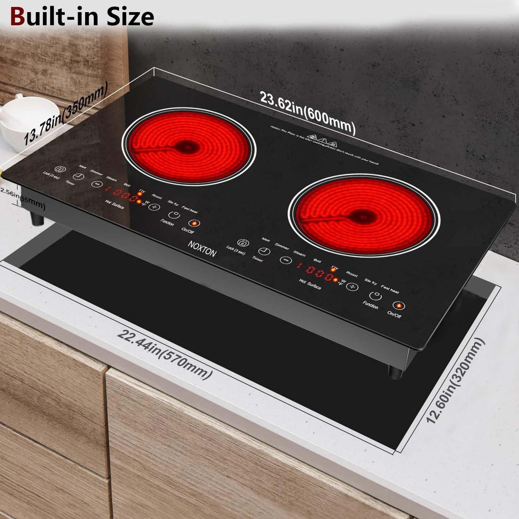 2 Burners Electric Cooktop 110V, 24" Built-In & Countertop Stove | Two Burner Radiant Ceramic Cooktop, Child Safety Lock, Timer, Touch Sensor Control, Portable 110V Plug-In Cooktop