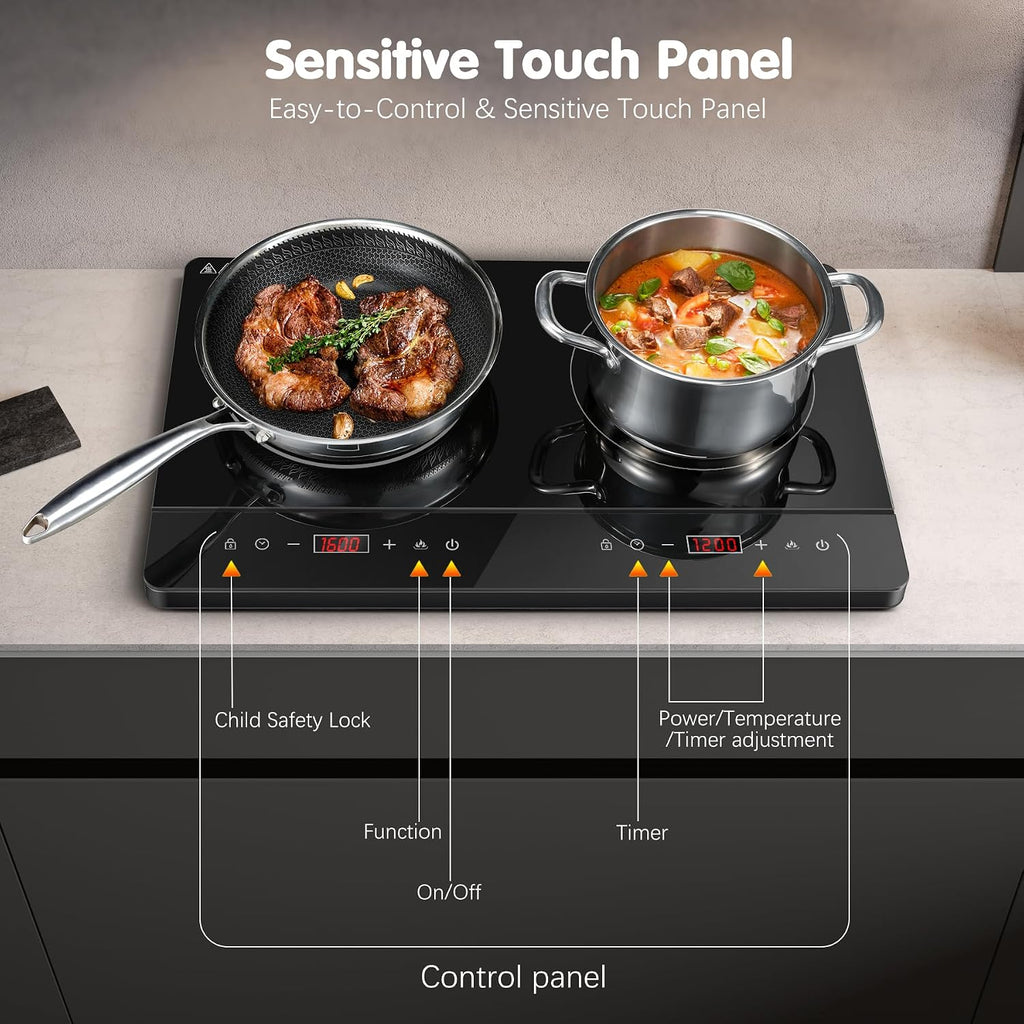 Double Induction Hob, Portable Induction Cooker, Black Glass Plate, 2800W, Independent Touch Control, 8 To10 Power Levels,10 Temperature Setting, 3 Hour Timer, Child Safety Lock, with Plug