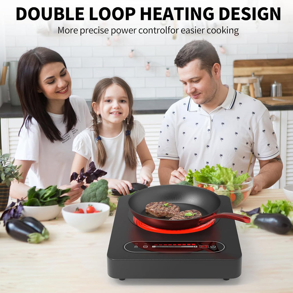 Portable Ceramic Hob, Single Electric Hob, Electric Cooker with Built-In 99 Mins Timer & 9 Adjustable Temperature Settings, Child Safety Lock, Overheat Protection, 220-240V Cooktops with Plug