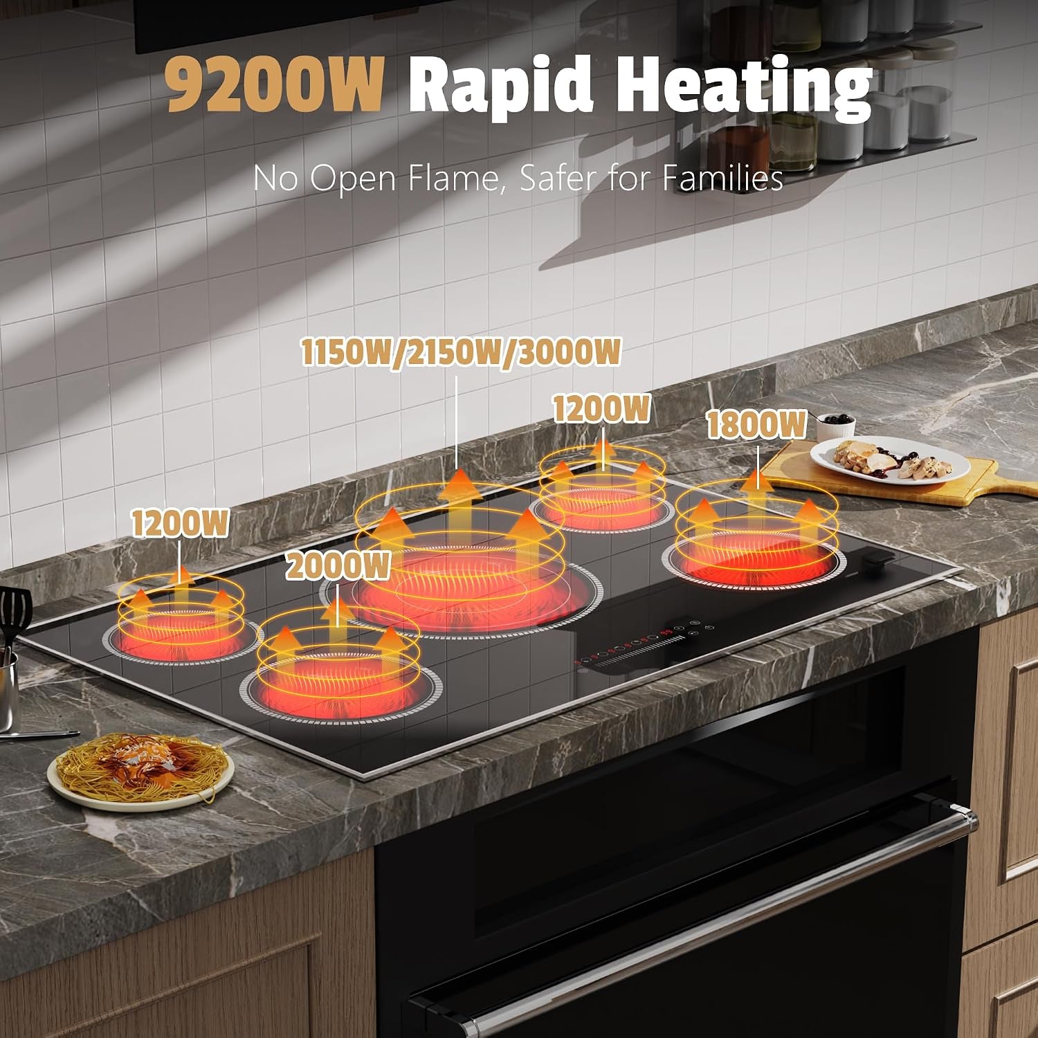 36 Inch Electric Cooktop, 5 Burner Stove Top with Slide Control | 9200W Electric Stove with Child Lock, Timer, Pause Function 36" Glass Cooktop, Sensor Touch, 220-240V Hard Wire, No Plug