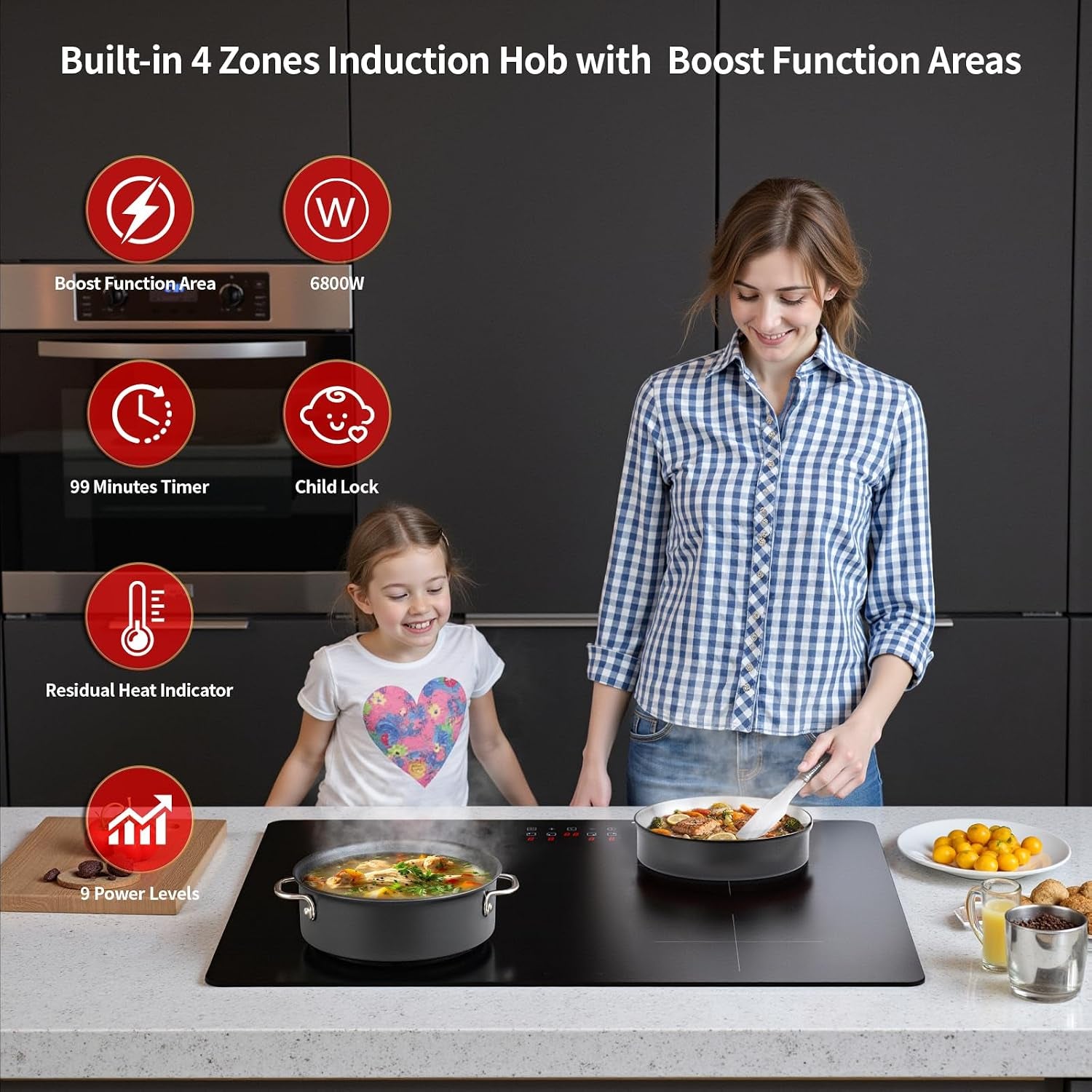 60Cm Built-In Induction Hob 4 Burners Ceramic with Boost & Timer | 9 Power Levels, 99Min Timer with Auto-Off, Child Lock, Residual Heat Indicator, Hardwired, Plug Not Included