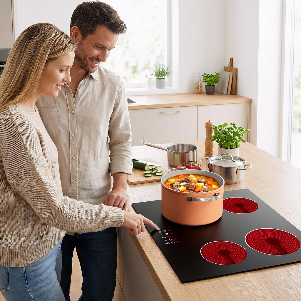 24 Inch Electric Cooktop 4 Burners 6400W Dual Heating Ring | Built-In Ceramic Radiant Stove Top with 9 Heat Levels & 99Min Timer, 220-240V Hard Wire (No Plug), Touch Control, Child Lock