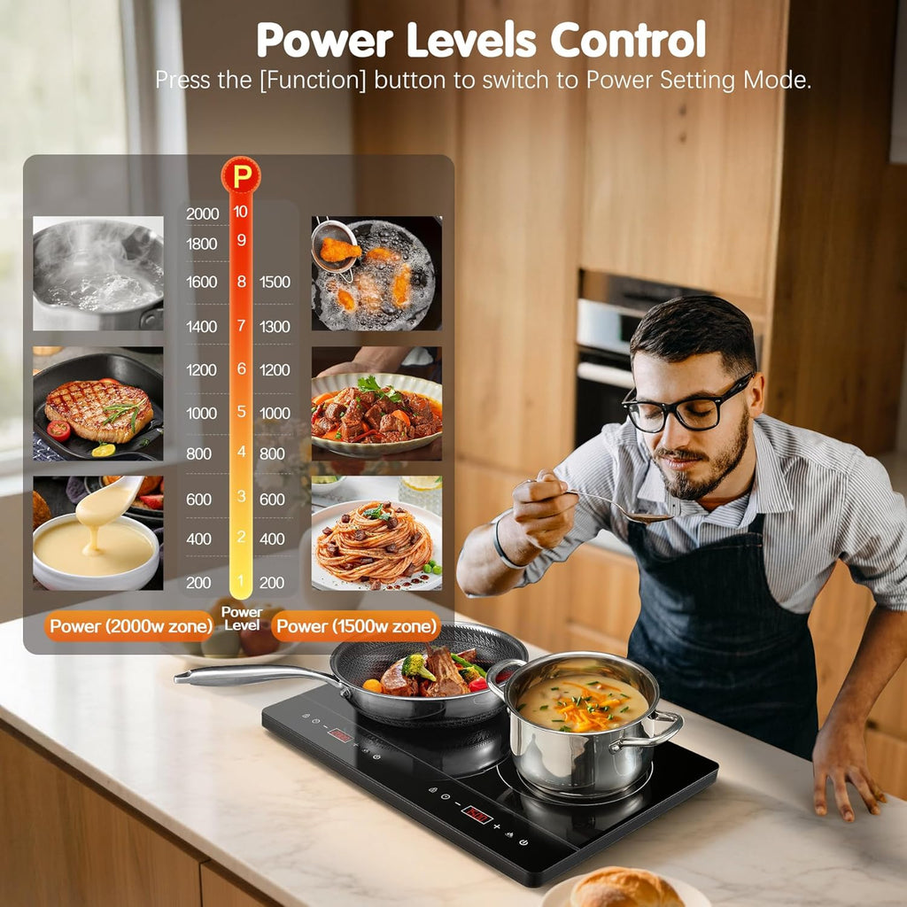 Double Induction Hob, Portable Induction Cooker, Black Glass Plate, 2800W, Independent Touch Control, 8 To10 Power Levels,10 Temperature Setting, 3 Hour Timer, Child Safety Lock, with Plug