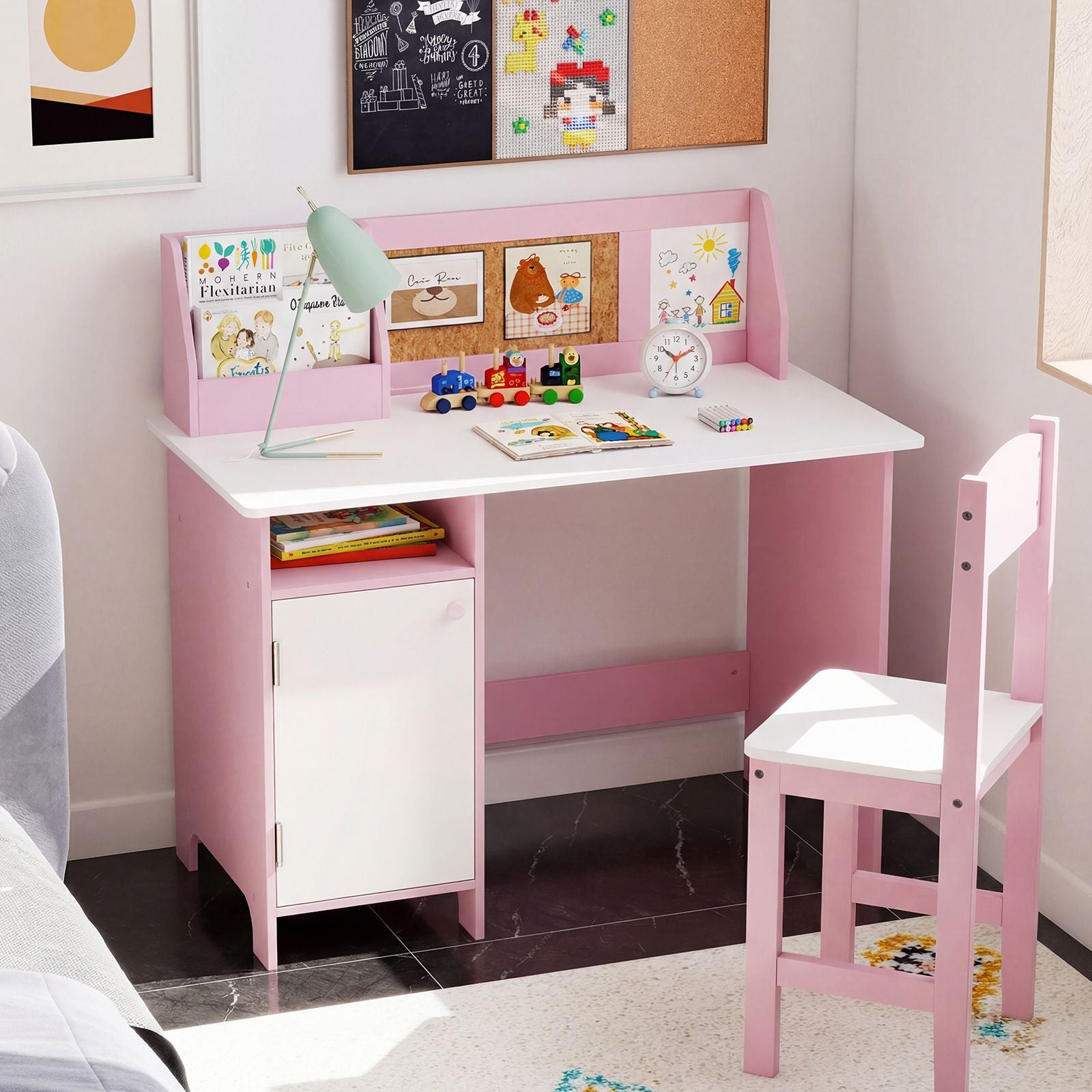 Kids Table and Chair Set with Hutch and Cabinet