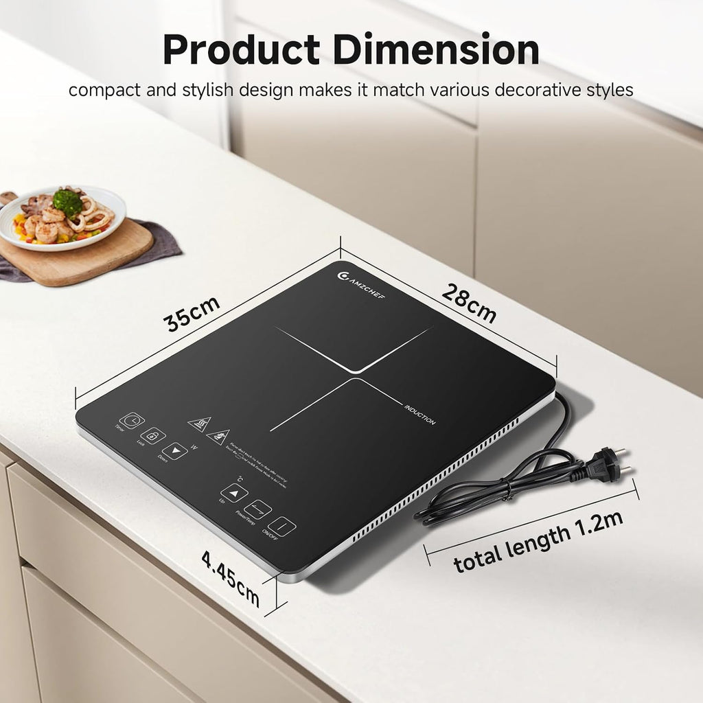 Single Induction Cooker, Ultra-Thin Induction Hob with Fashion Look, 20-Level Power and Temperature Control, Black Frosted Glass Panel, Touch Sensor, 3-Hour Timer, Safety Lock