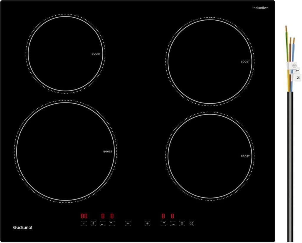 Induction Hob, 4 Cooking Zone, 60 Cm, 7200W, Continuous Low Power Heating, Booster, 9 Heat Levels, Timer, Auto Shut-Off, Child Safety Lock, Pan Sensor,Hard Wired, No Plug