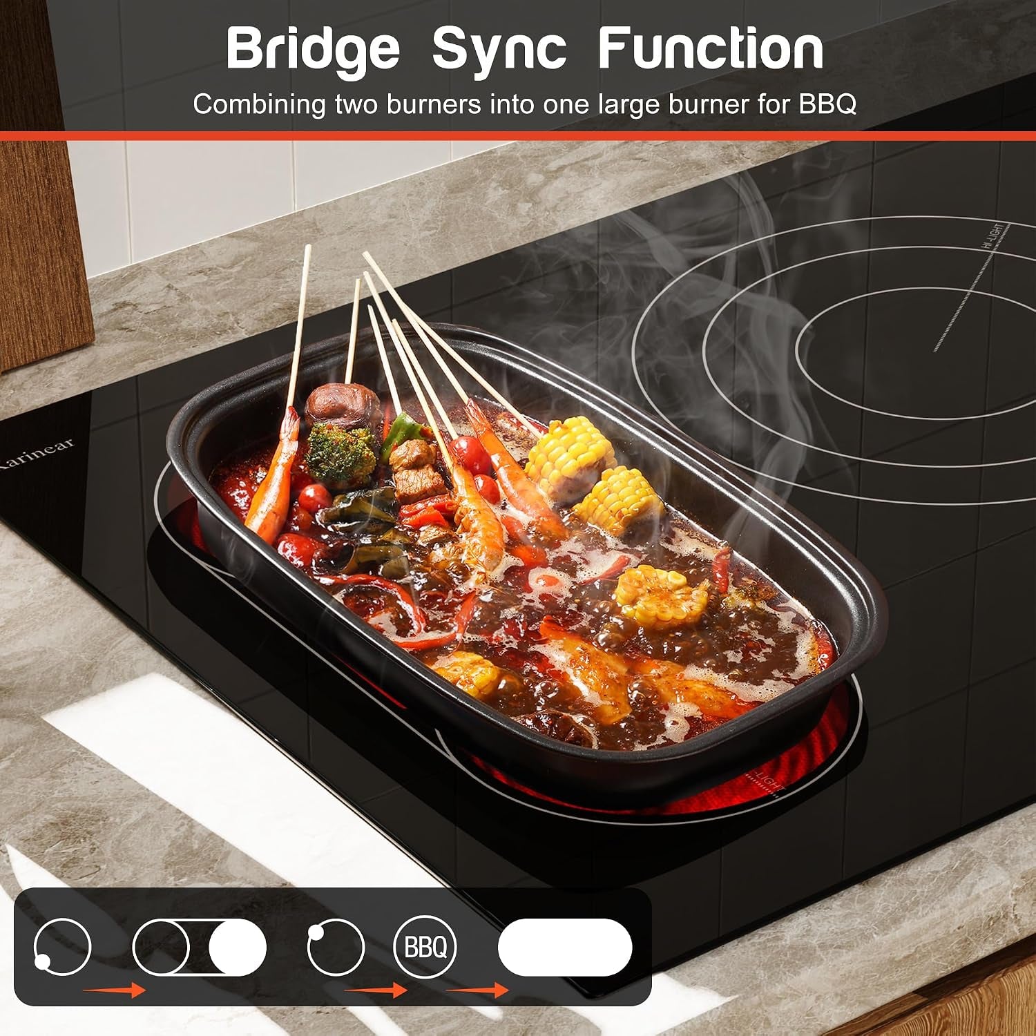 90Cm Ceramic Hob, 5 Zone Electric Hob, Flexible Bridge & Triple Ring Expandable Burners, Pause, Timer, Safety Lock, 9600W Built-In Ceramic Cooker for 220-240V Hard Wire