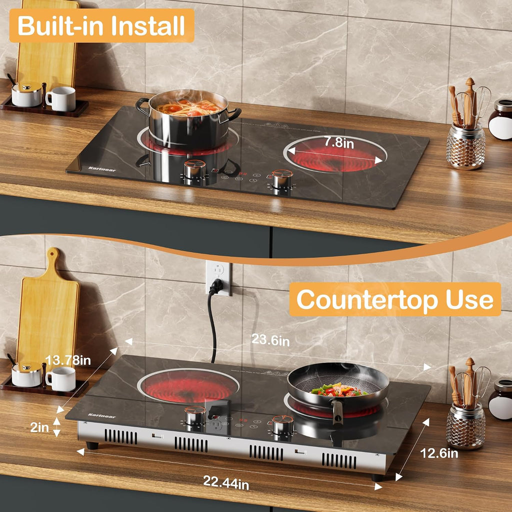 Electric Cooktop 2 Burner, 110V Electri Stove Top, Knob Control | 2000W 110V Outlet Plug-In Electric Hot Plate, Countertop or Built-In Install, Timer, Safety Lock, 9 Power Level, 24 Inch