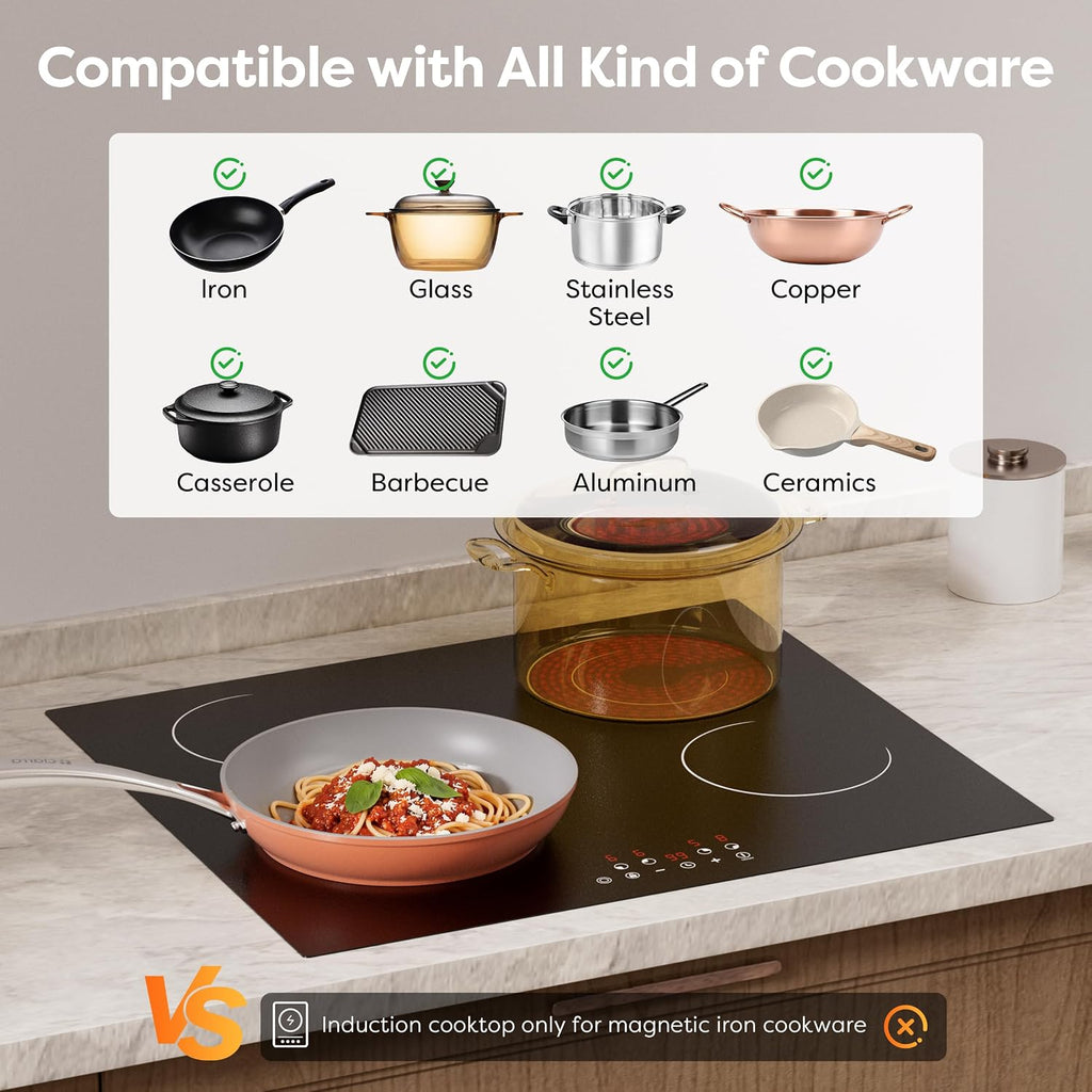 24 Inch Electric Cooktop 4 Burners 6600W Dual Heating Ring | Built-In Ceramic Radiant Stove Top, 220-240V Hard Wire (No Plug), Touch Control, Child Lock & Multiple Safety Protection