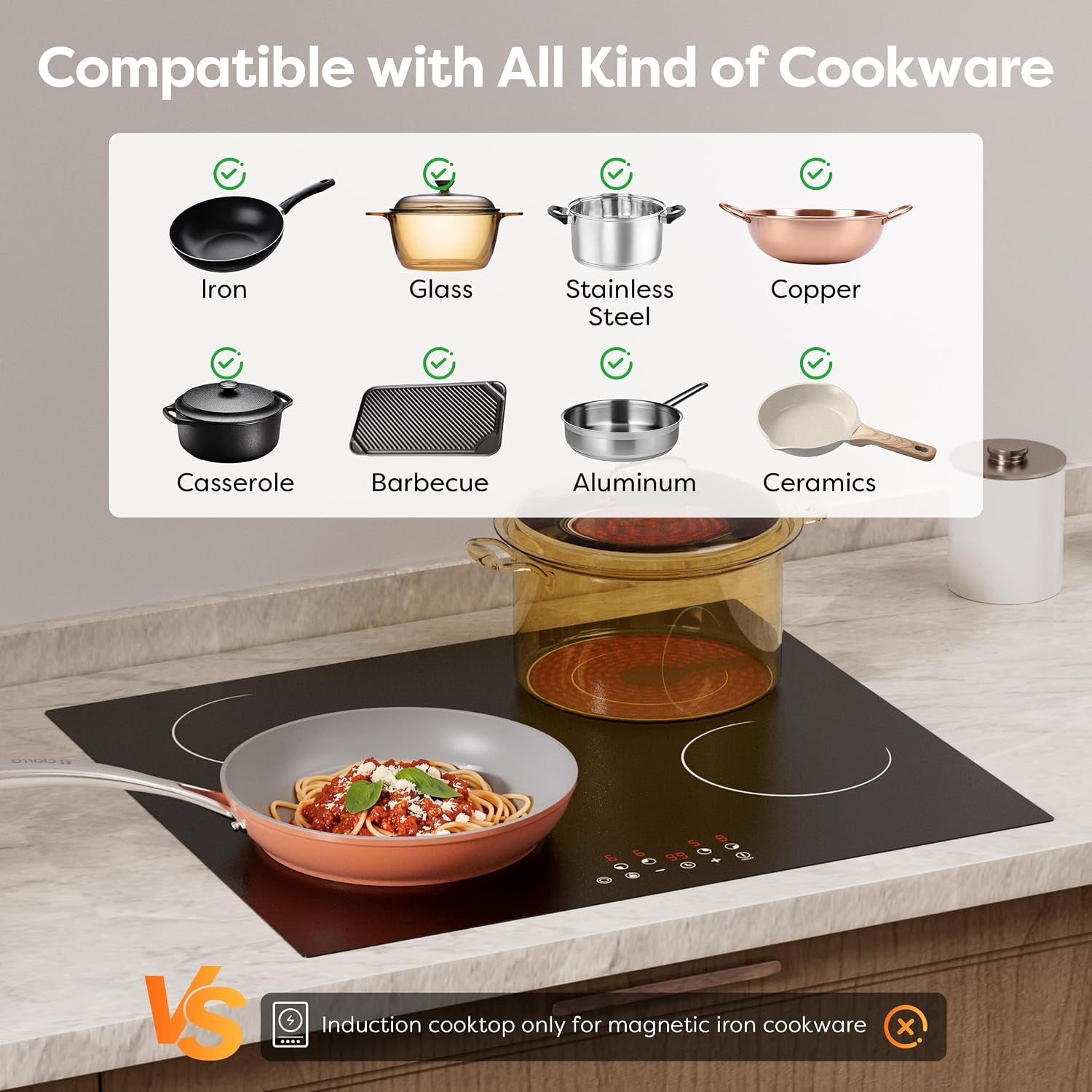 24 Inch Electric Cooktop 4 Burners 6600W Dual Heating Ring | Built-In Ceramic Radiant Stove Top, 220-240V Hard Wire (No Plug), Touch Control, Child Lock & Multiple Safety Protection
