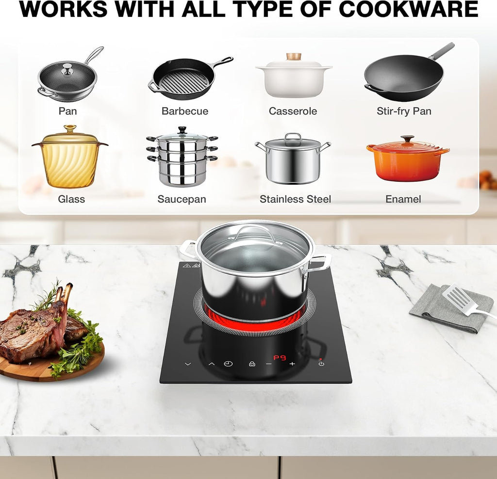 Single Burner Electric Cooktop,110V 1800W Electric Stove Top with LED Touch Control,Portable Cooktop 9 Power Levels, 4Htimer, Safety Lock,Overheat Protection