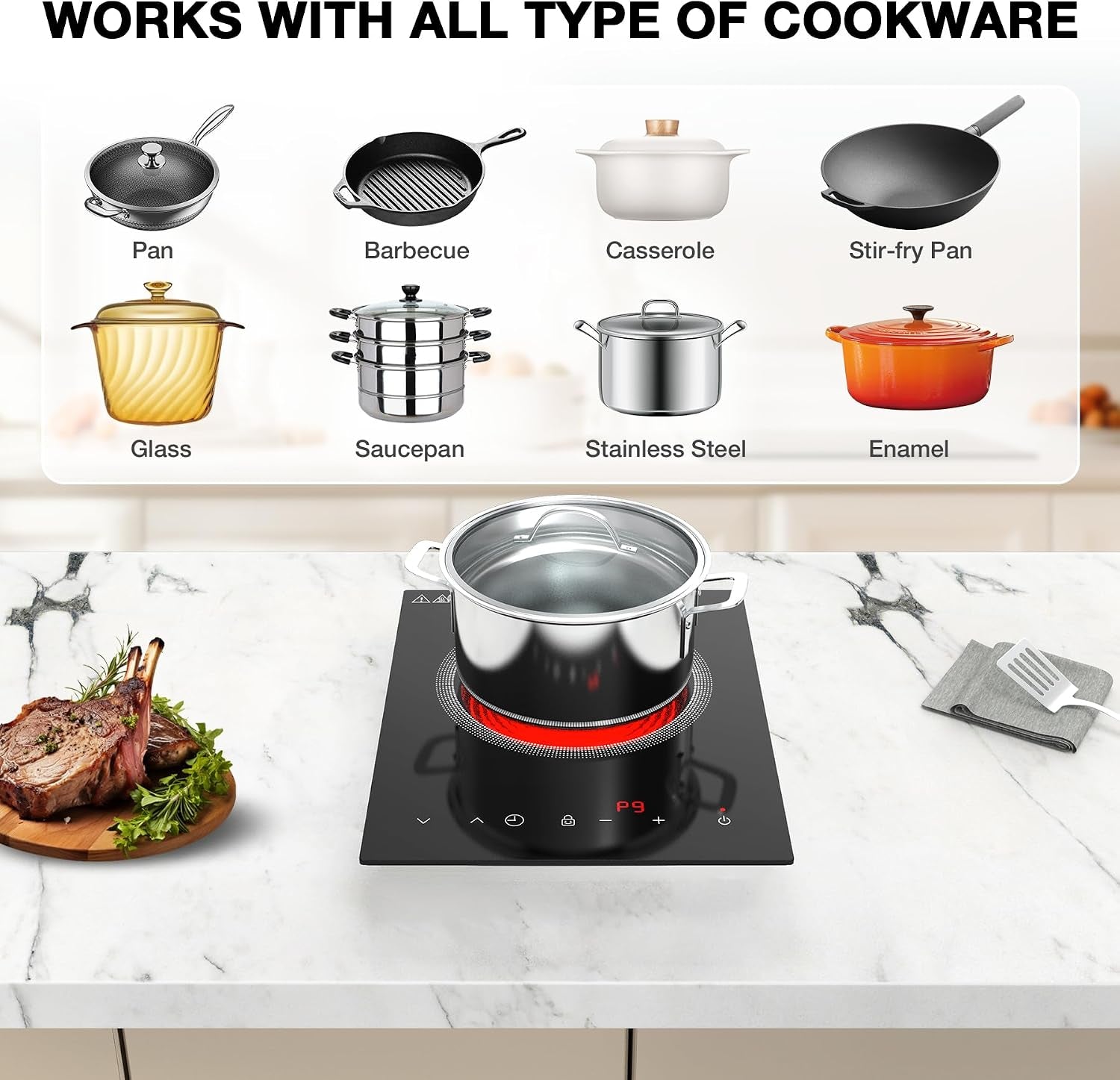 Single Burner Electric Cooktop,110V 1800W Electric Stove Top with LED Touch Control,Portable Cooktop 9 Power Levels, 4Htimer, Safety Lock,Overheat Protection
