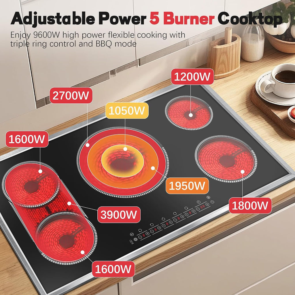36 Inch Electric Cooktop, 5 Burner Stove Top Touch Control,220-240V | 36" Glass Ceramic Stove Top, 9600W, BBQ & Flexible Zone, Child Lock, Timer, Overheat Protection,220-240V Hard Wired (No Plug)