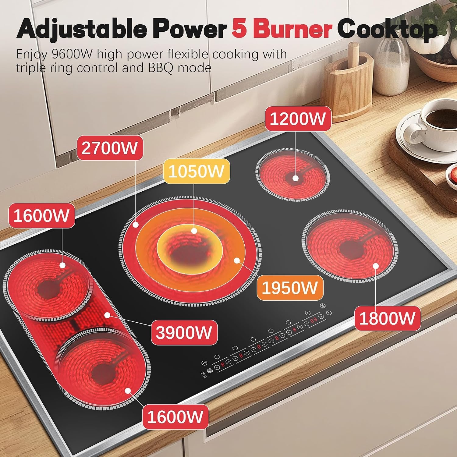 36 Inch Electric Cooktop, 5 Burner Stove Top Touch Control,220-240V | 36" Glass Ceramic Stove Top, 9600W, BBQ & Flexible Zone, Child Lock, Timer, Overheat Protection,220-240V Hard Wired (No Plug)