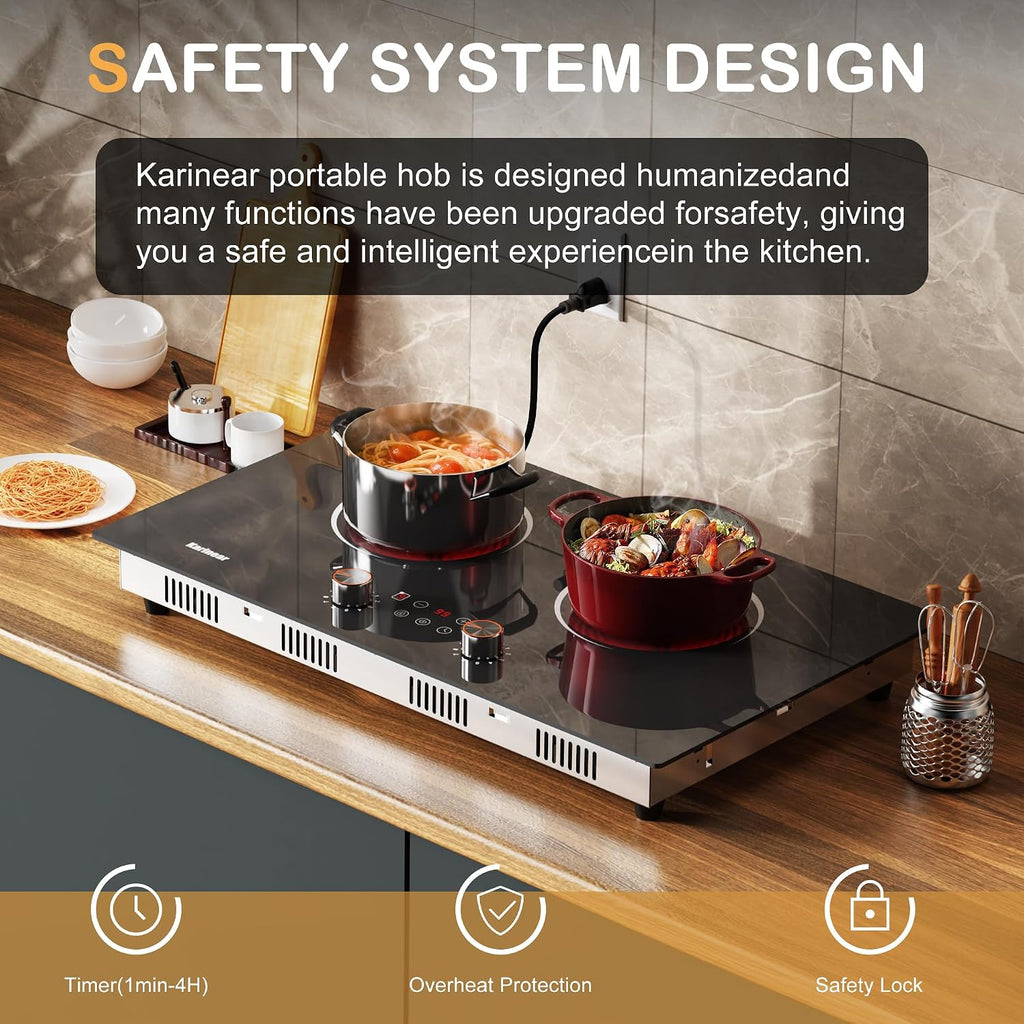 Electric Cooktop 2 Burner, 110V Electri Stove Top, Knob Control | 2000W 110V Outlet Plug-In Electric Hot Plate, Countertop or Built-In Install, Timer, Safety Lock, 9 Power Level, 24 Inch