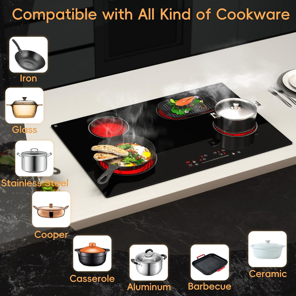 30 Inch Electric Cooktop 4 Burner Built-In Stove Touch Control, Hard Wire | 7200W Radiant Electric Stove, Ceramic Glass, 9 Level Power, 99 Min Timer, Safety Lock, 220-240V, for Family Party, Festival